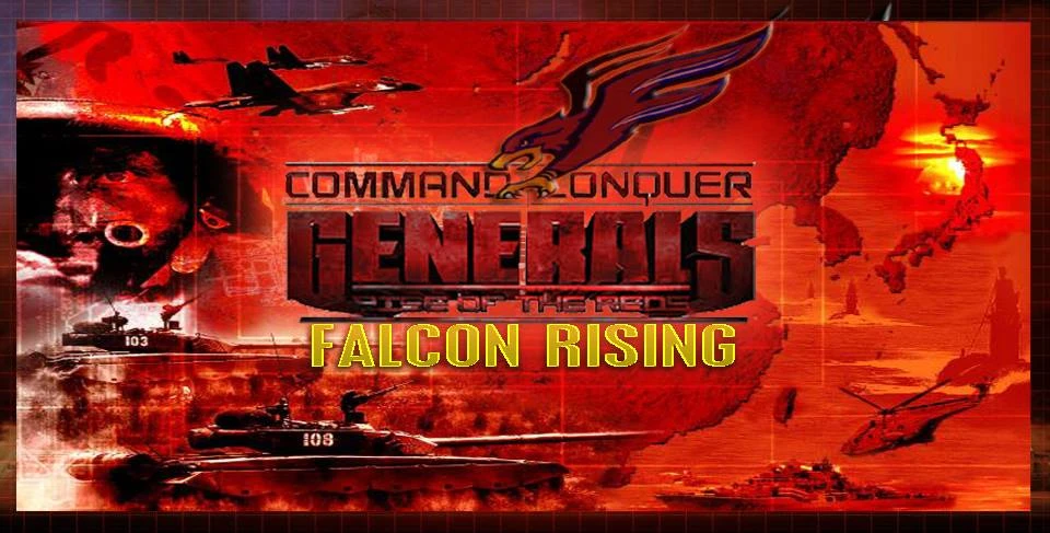 Логотип Command & Conquer Generals Rise of the Reds Falcon Rising с танками и вертолетами на красном фоне боя