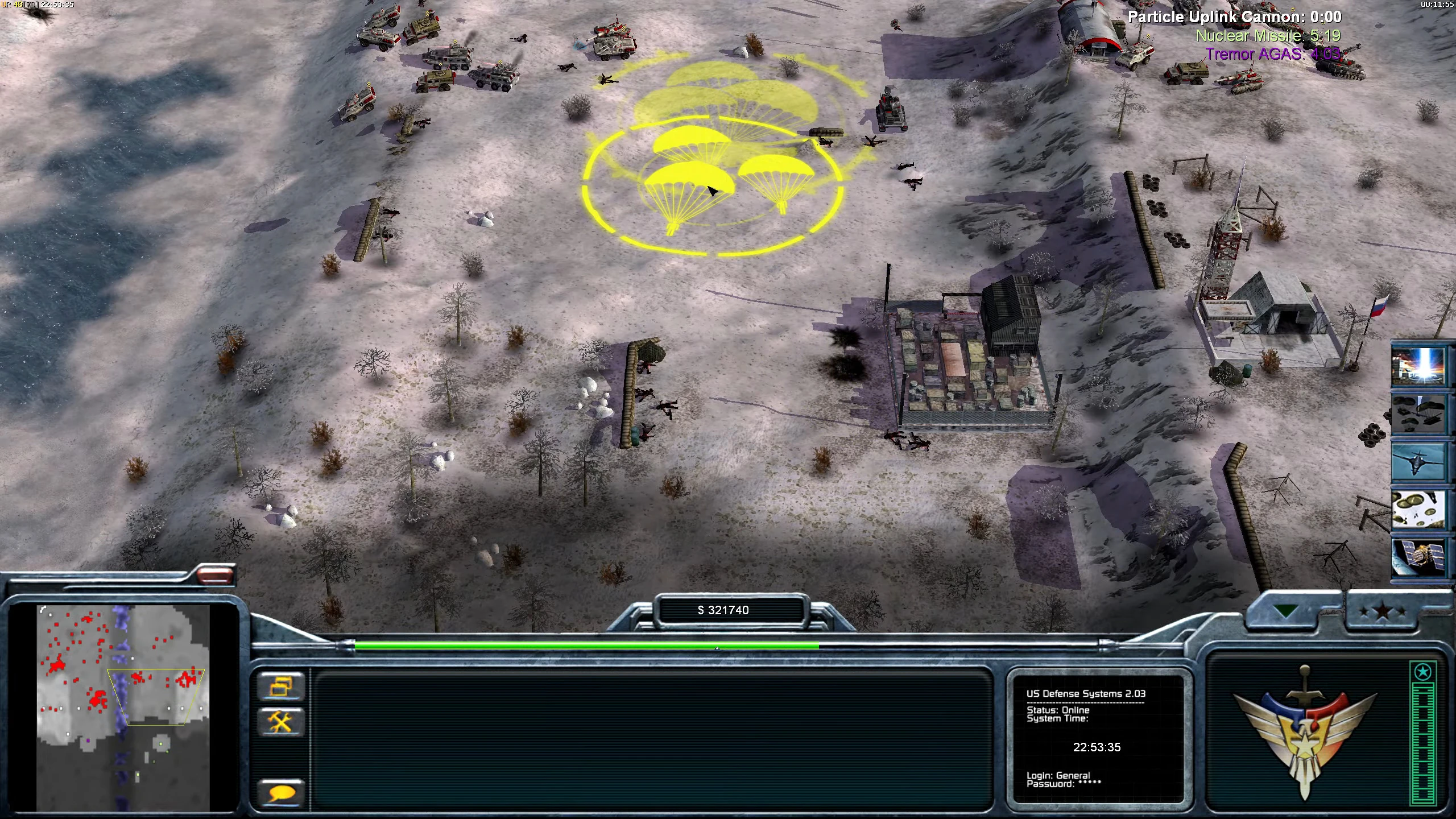 Скриншот игры с заснеженной местностью, военными юнитами и маркером парашюта в Command & Conquer Generals ROTR Falcon Rising