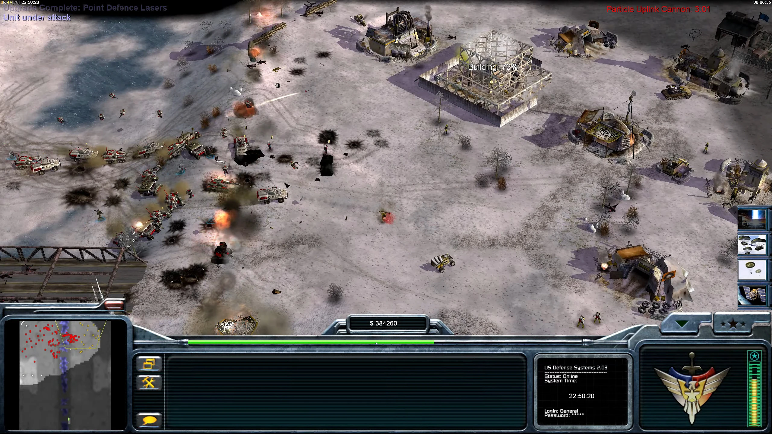 Скриншот Command & Conquer Generals Rise of the Reds с заснеженным полем боя, техникой, солдатами и зданиями под атакой с активными лазерами ПВО