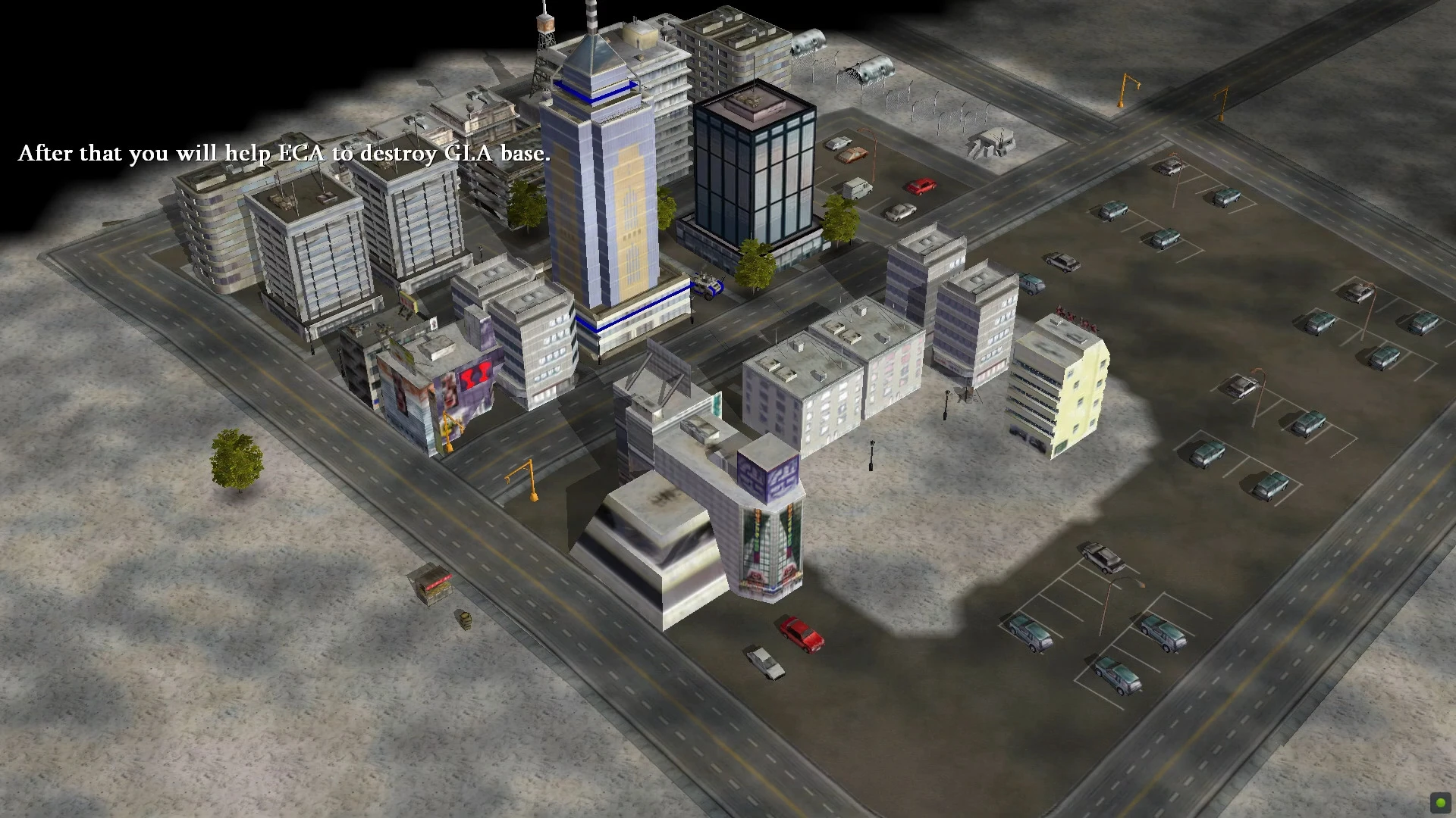 Вид сверху на городскую базу с разными зданиями и припаркованными автомобилями в Command & Conquer Generals ROTR 1.86