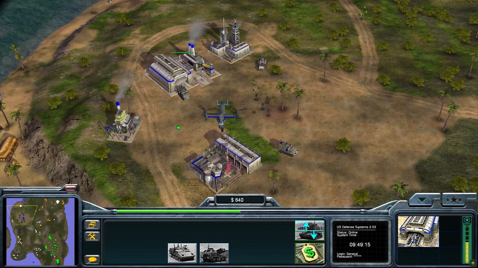 Скриншот Command & Conquer Generals с базой фракции США с вертолетами, пехотой и постройками в моде ROTR 1.86