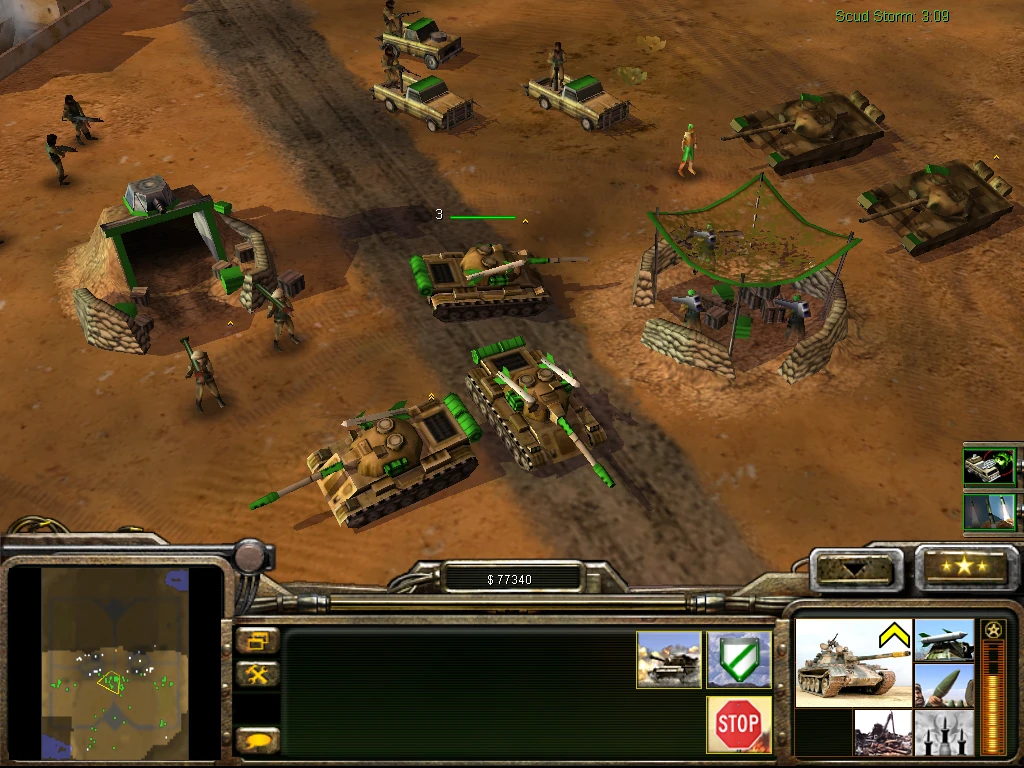 Gameplay-Screenshot aus Command & Conquer Generals Mod A Global Crisis mit Panzern, Infanterie und Basisstrukturen