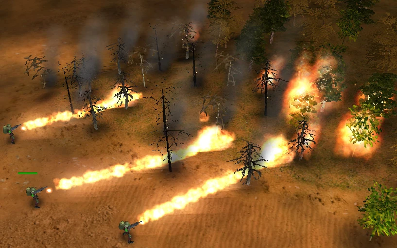 Drei Flammenwerfer-Soldaten verbrennen trockene Bäume und erzeugen Rauch in Command & Conquer Generals Mod