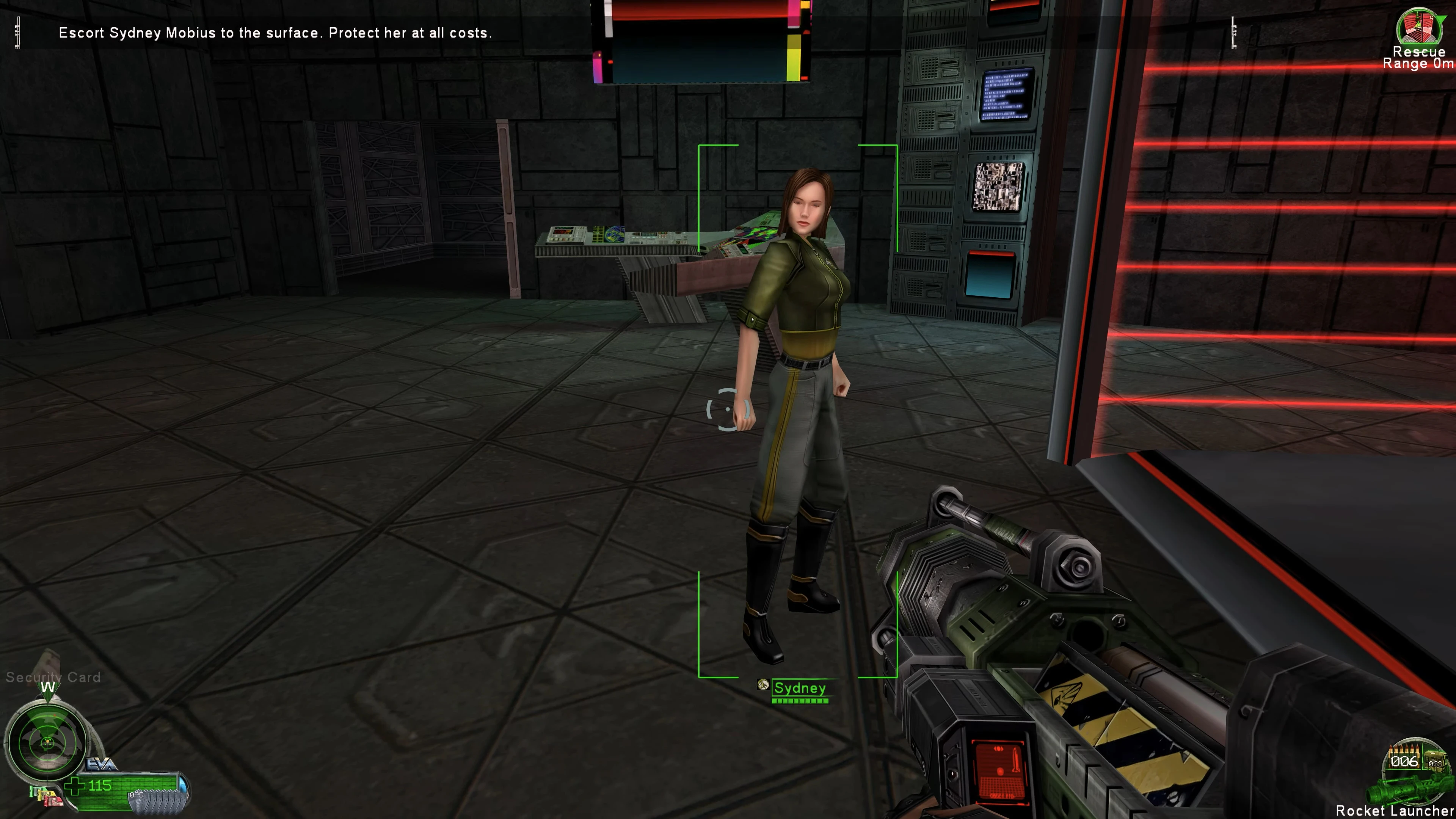 Скріншот із жіночим персонажем Сідні з покращеними AI текстурами в sci-fi інтер'єрі