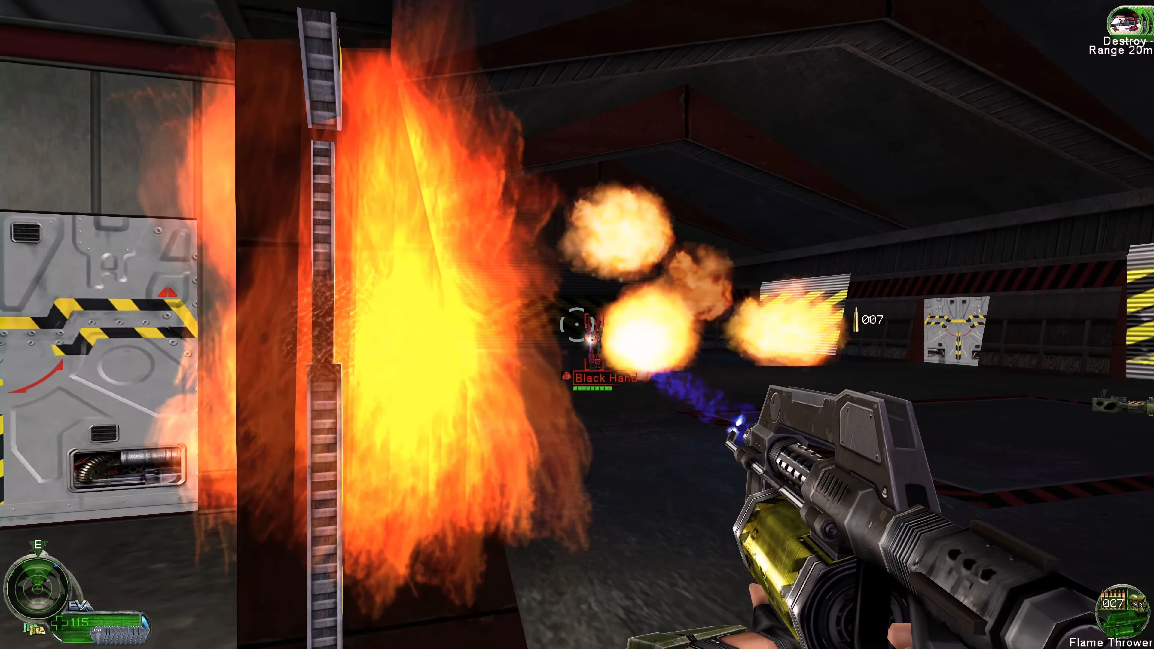 Вид від першої особи: гравець стріляє вогнеметом, спричиняючи великі полум'я та вибухи в приміщенні Command & Conquer Renegade