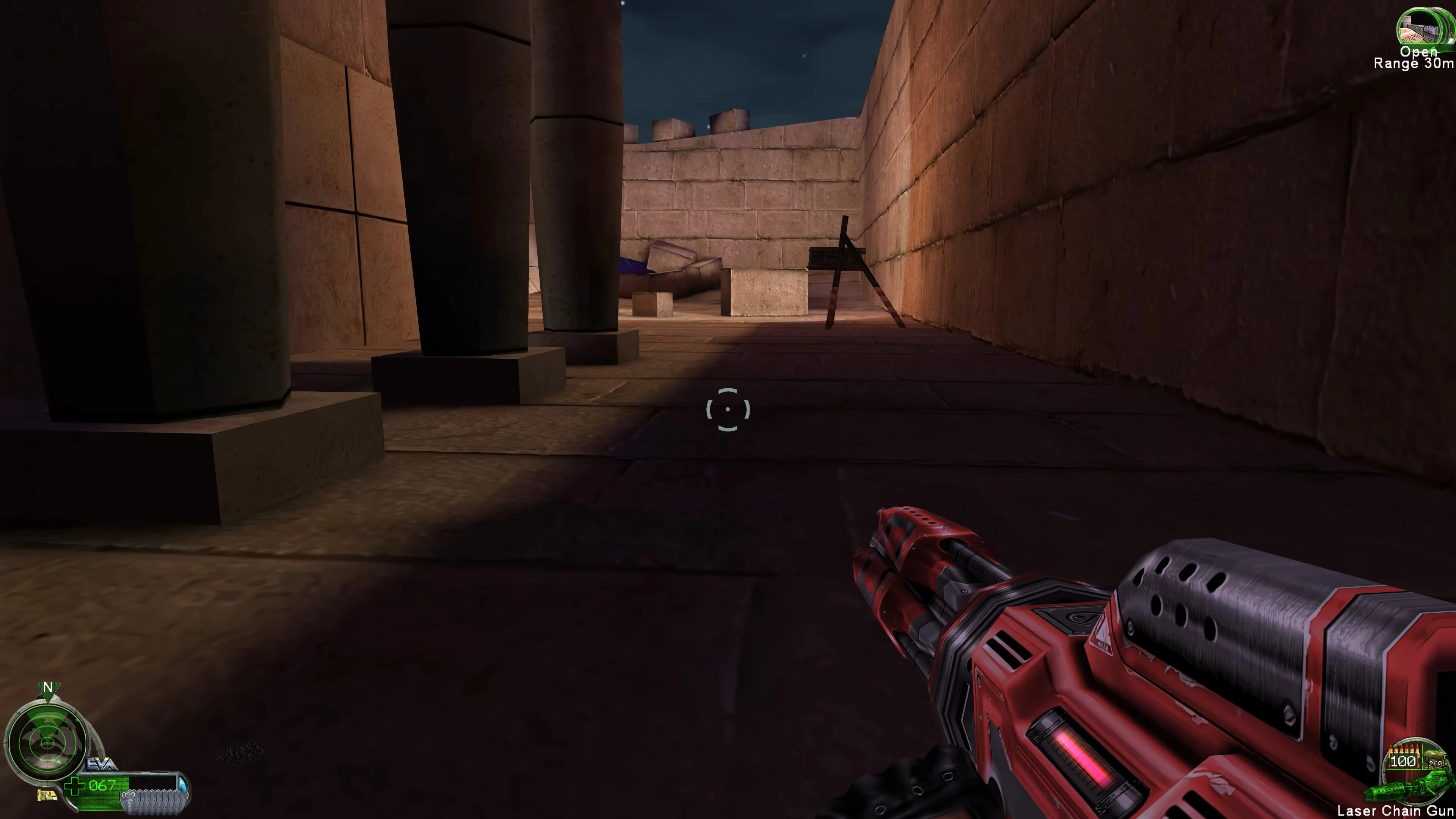 Вид від першої особи на червоний футуристичний лазерний ланцюговий пістолет у стародавньому кам’яному храмі з покращеними AI текстурами