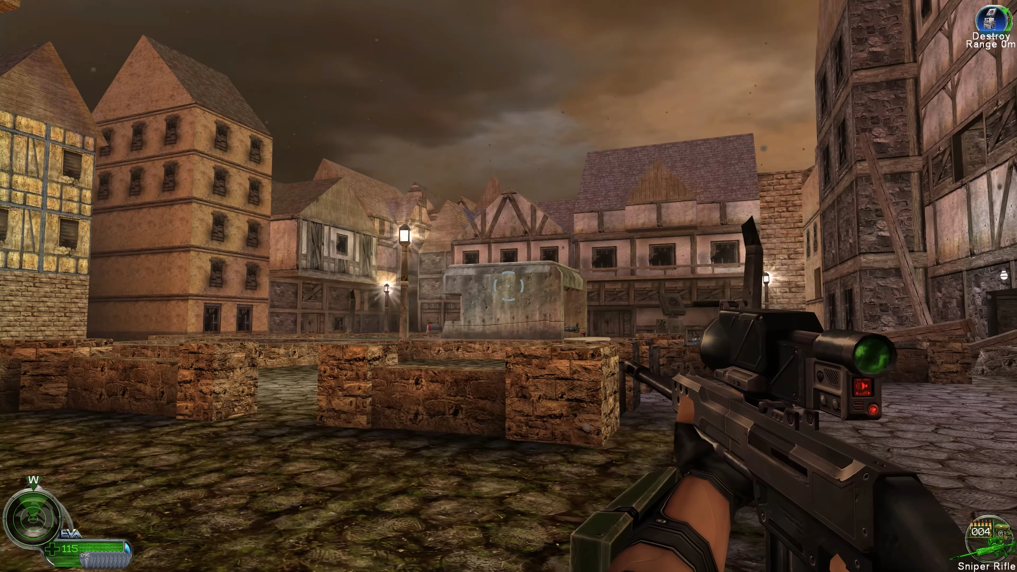 Сцена в грі Command & Conquer Renegade з покращеними AI текстурами на будівлях середньовічного стилю та прицілом снайперської гвинтівки