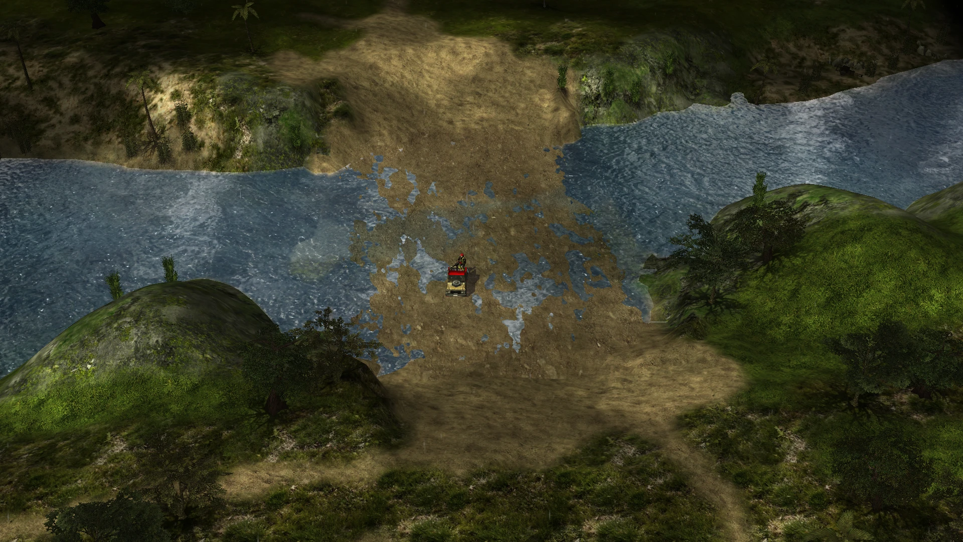 Вигляд зверху на військову одиницю, що перетинає мілководну річку на пагорбистій місцевості в моді C&C Generals