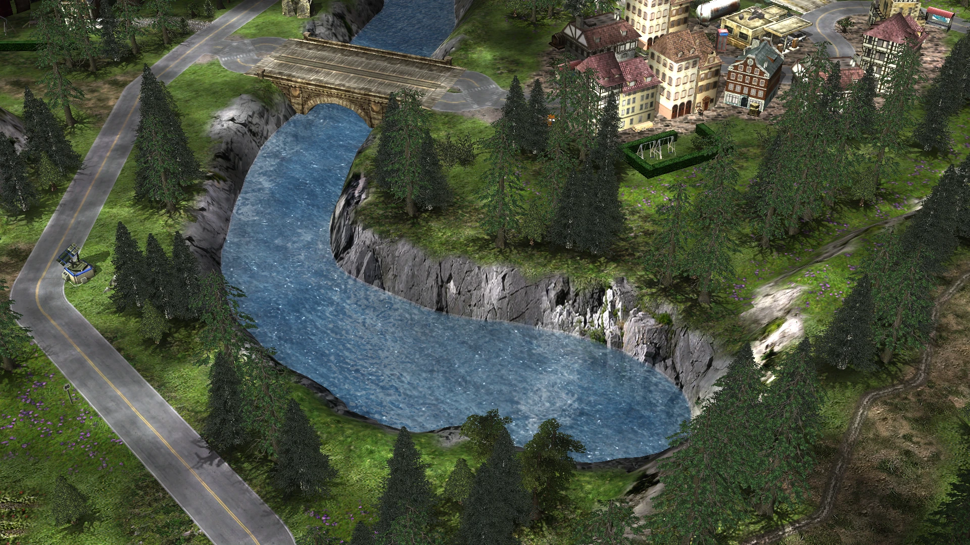 Річка протікає під кам'яним мостом серед густих соснових лісів та європейського села в моді Command & Conquer Generals