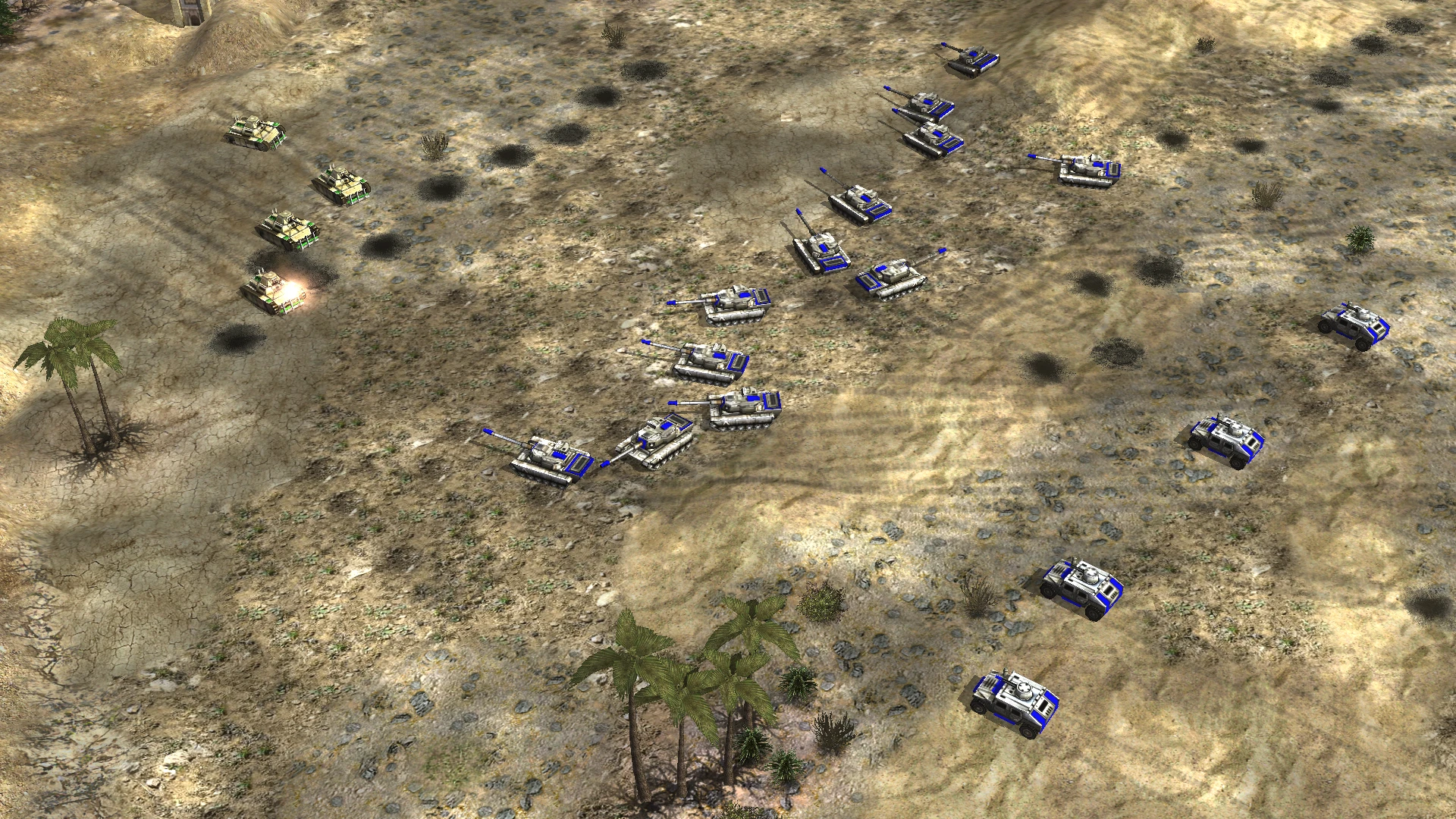 Пустельне поле бою з бронетехнікою синього та бежевого кольорів у моді Command & Conquer: Generals