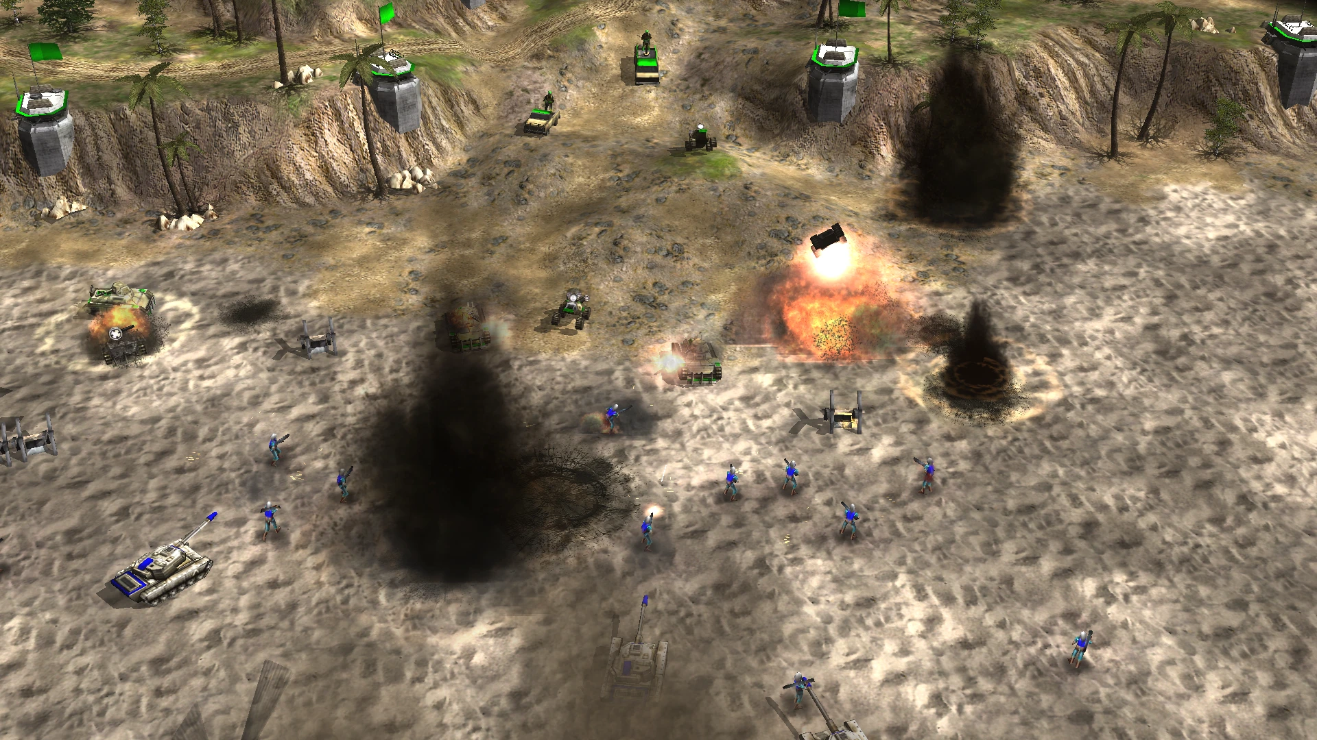 Вигляд згори на поле бою з солдатами в синій формі, танками, вибухами та оборонними спорудами у моді C&C Generals 2.0