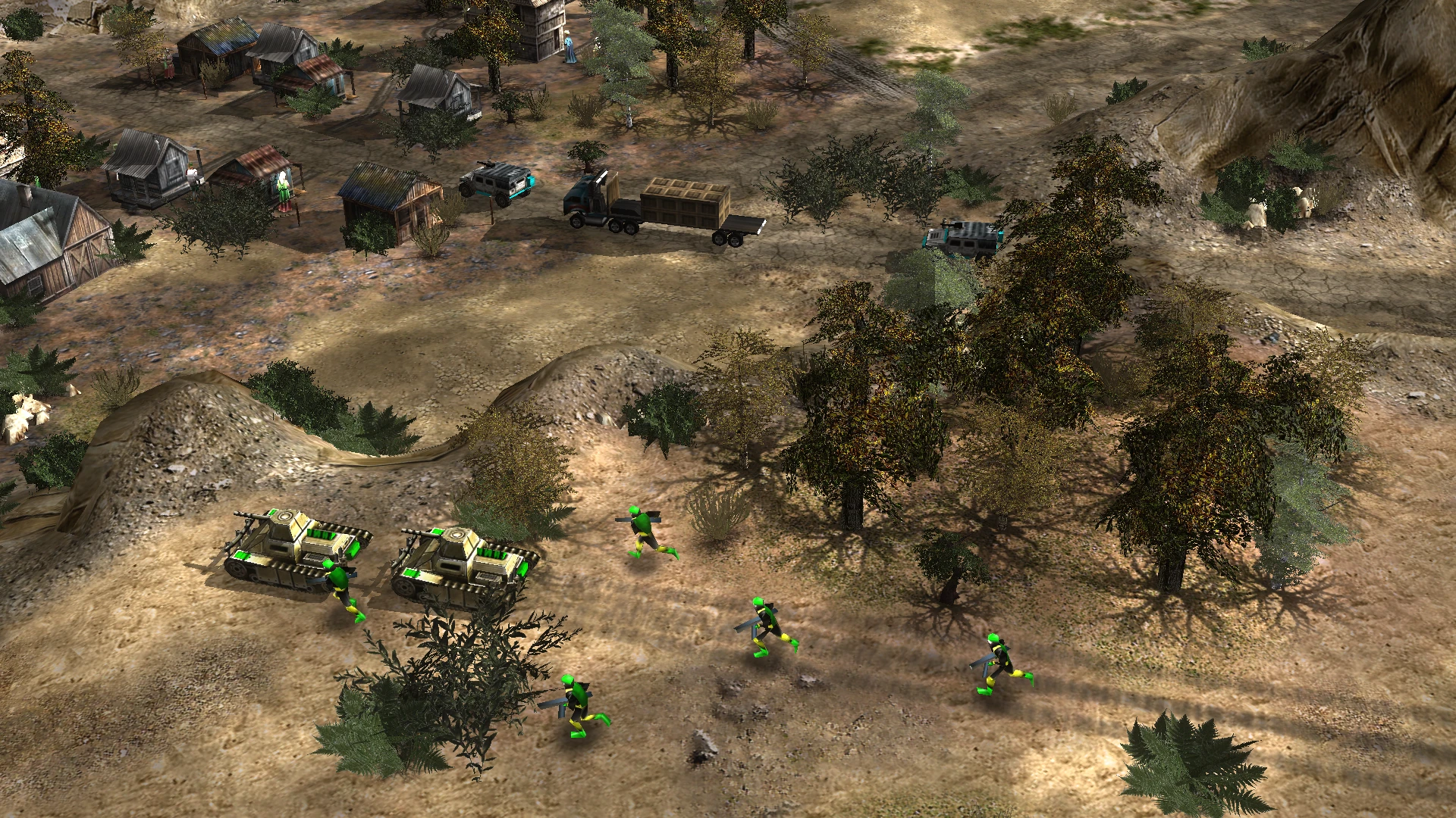 Військові в зеленій екіпіровці та два легкі броньовані машини пересуваються через суху сільську місцевість у моді C&C Generals Version 2.0