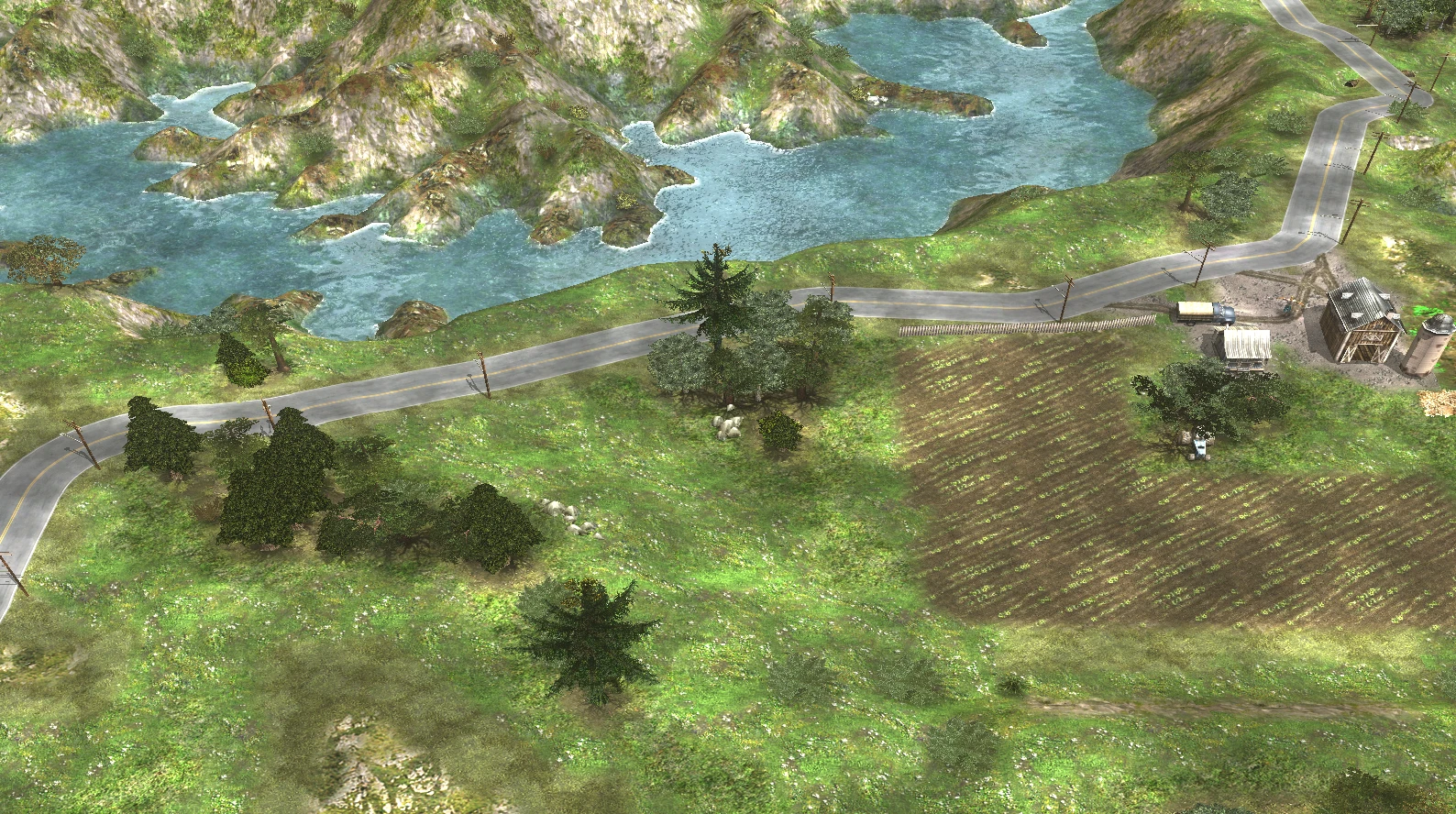 Вид карти з звивистою дорогою, фермою, деревами та річкою в моді C&C Generals Version 2.0