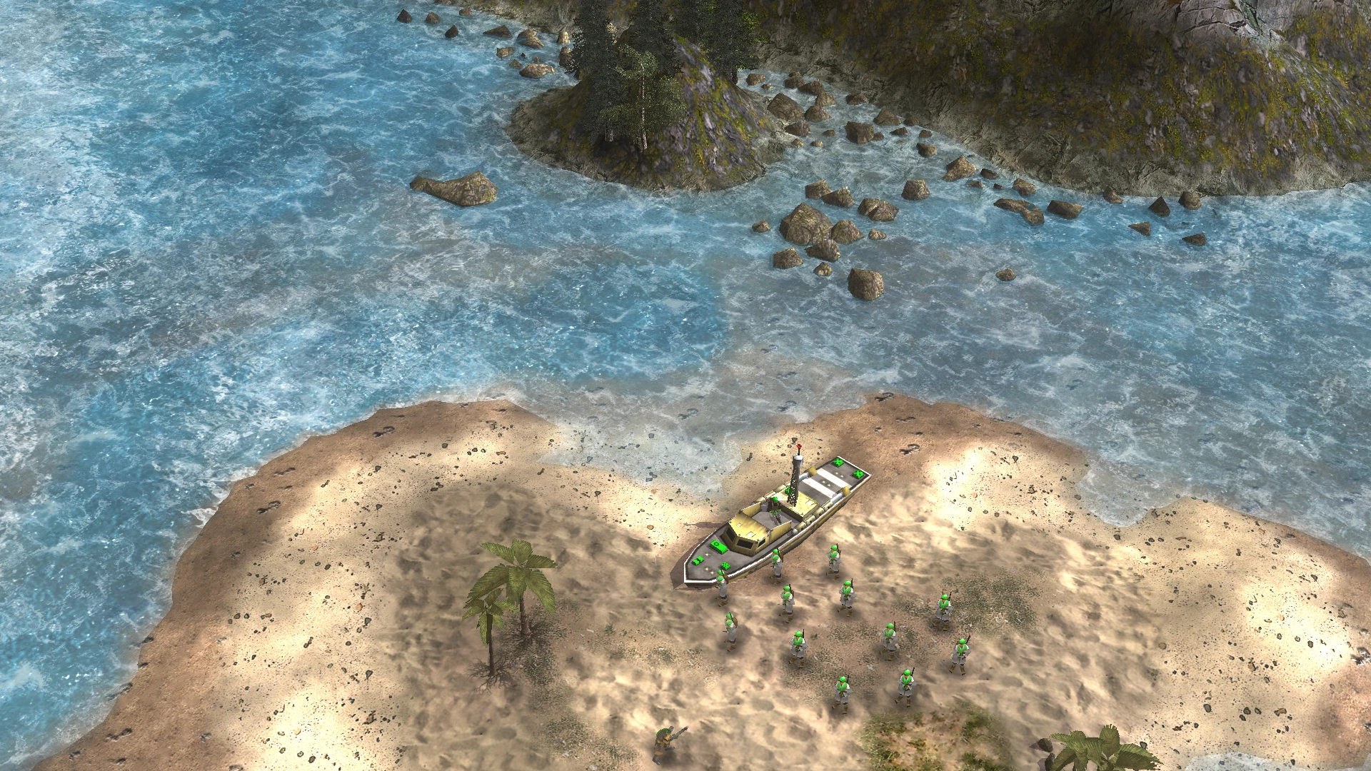 Вигляд зверху на піщаний пляж із солдатами та кораблем біля кам’янистої води в моді Command & Conquer Generals