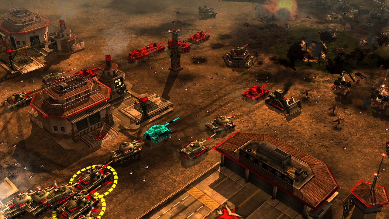 Декілька танків та піхота ведуть бій біля базових будівель у моді C&C Generals Zero Hour Enhanced