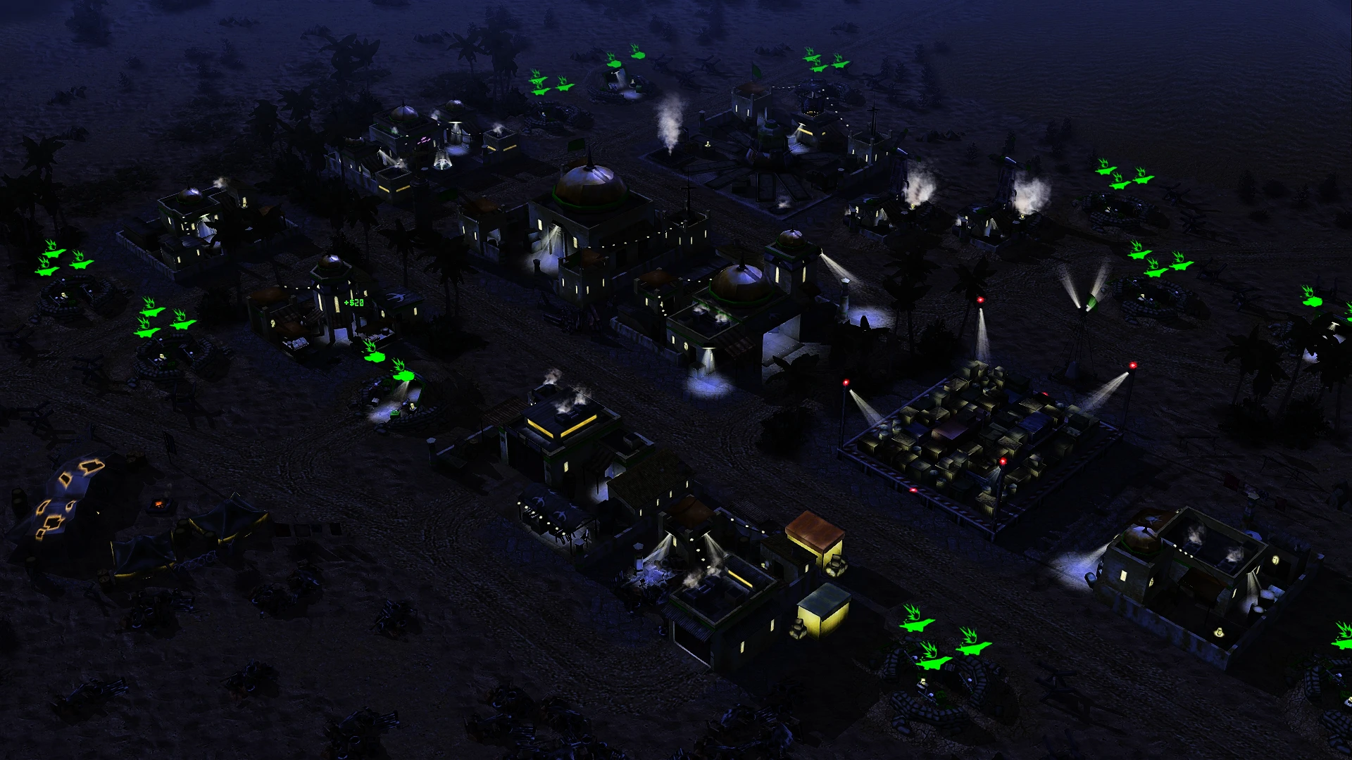 Нічна стратегічна база з освітленими будівлями та зеленими маркерами юнітів у моді C&C Generals Zero Hour Enhanced