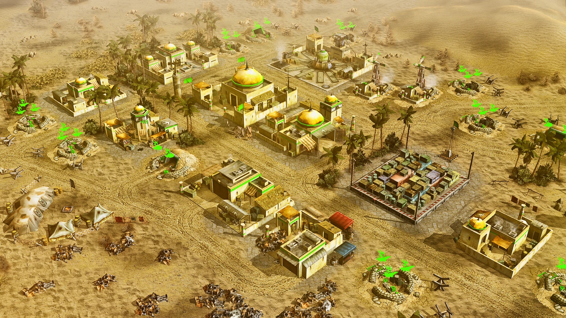 Військова база в пустелі з будівлями, зеленими прапорами, оборонними мішками з піском та розкиданими уламками у покращеному моді для C&C Generals Zero Hour