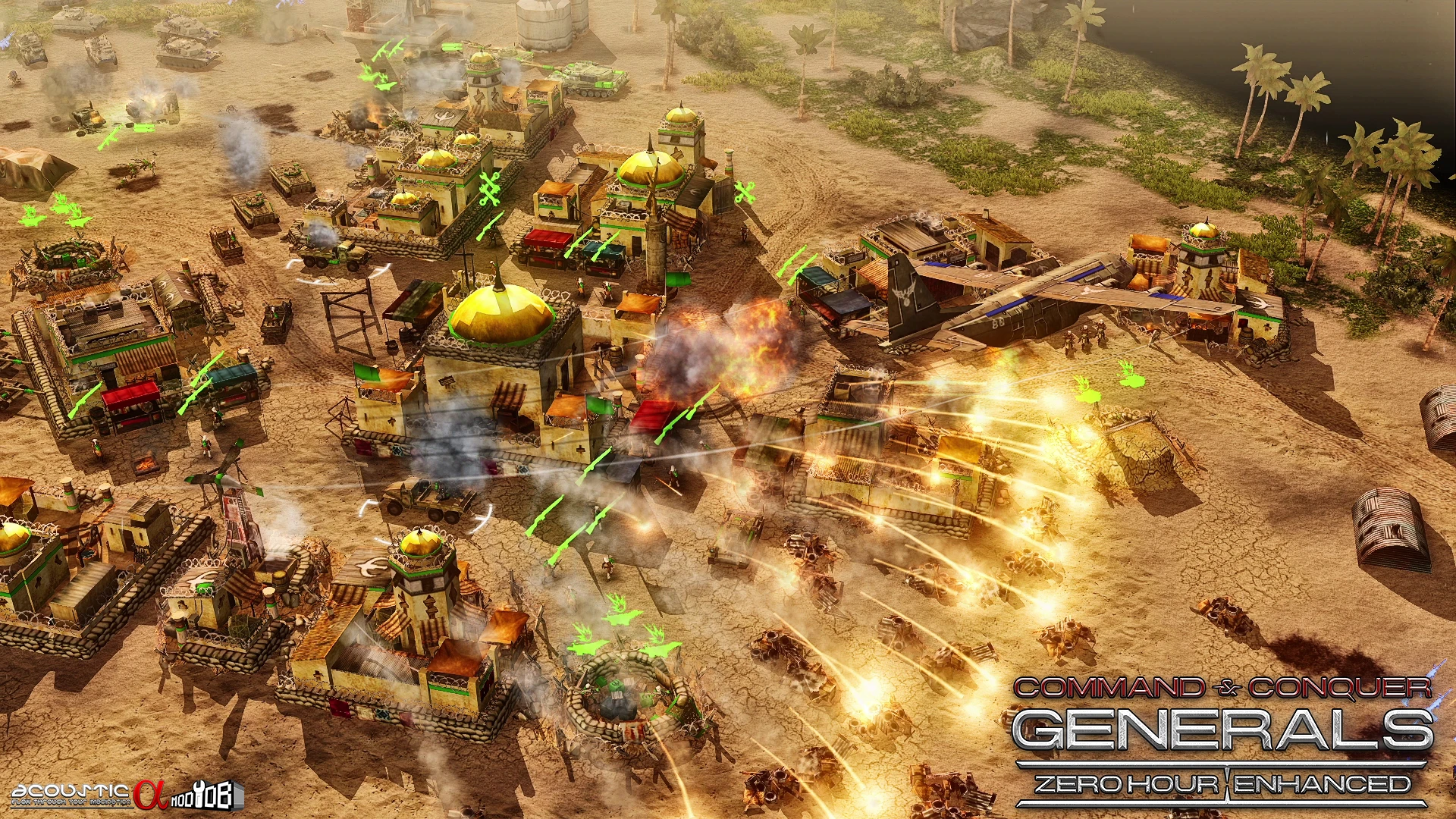 Пустельна база під потужним обстрілом із вибухами та ракетним вогнем у Command & Conquer Generals Zero Hour Enhanced