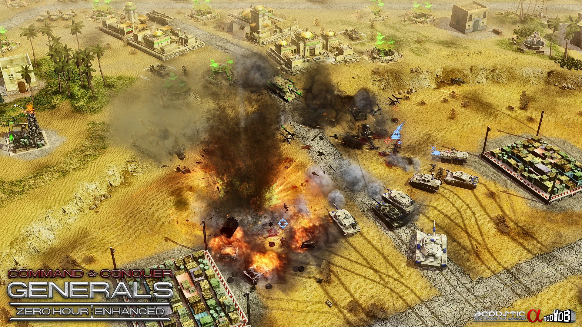 Вид поля бою в пустелі з танками, палаючими машинами, вибухами та будівлями в моді Command & Conquer Generals Zero Hour Enhanced