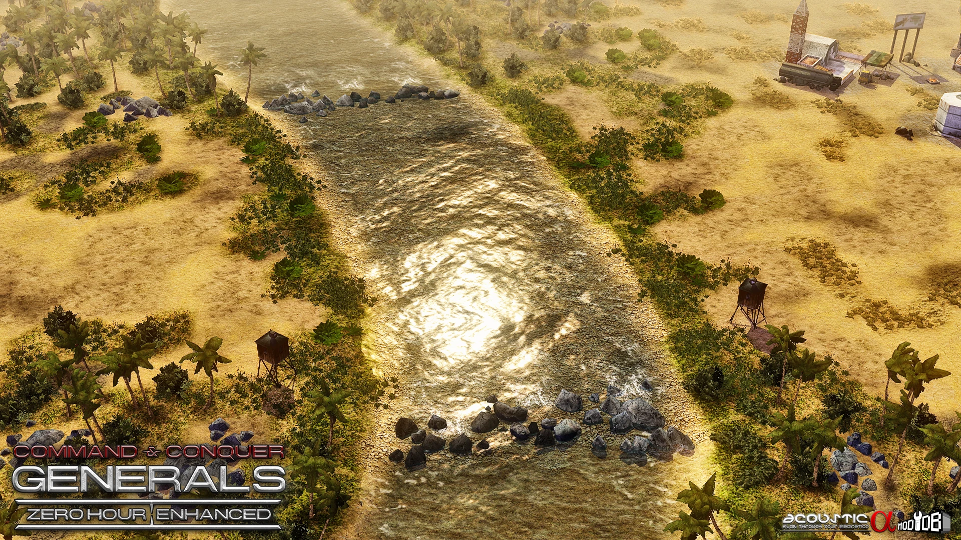 Знімок гри з покращеними відблисками води і деталізованою місцевістю з рослинністю в моді C&C Generals Zero Hour