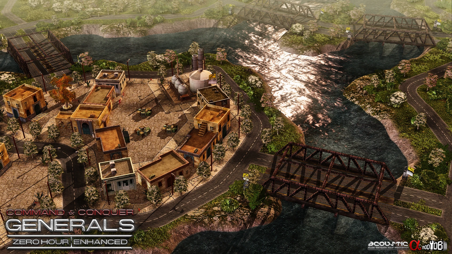 Сцена з гри C&C Generals Zero Hour Enhanced з маленьким містечком і мостами через річку
