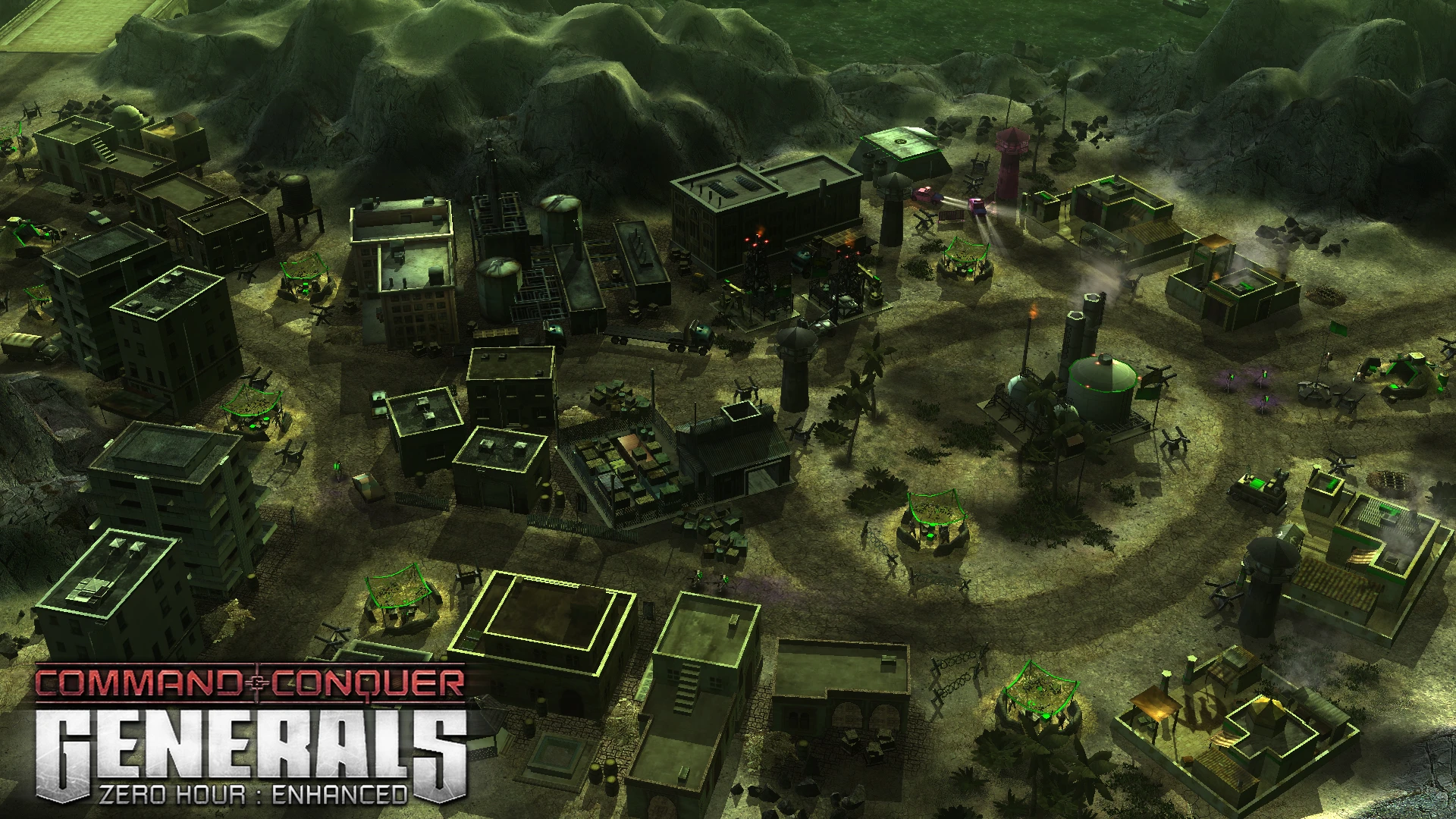 Ізометричний вигляд тактичної бази в моді Command & Conquer Generals Zero Hour Enhanced з будівлями та зеленими юнітами