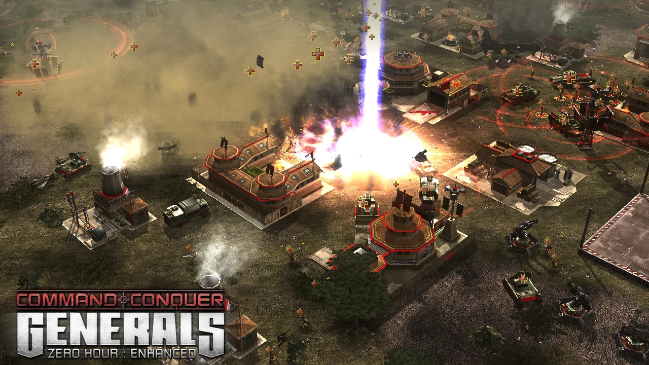 In-game screenshot from Command & Conquer Generals Zero Hour Enhanced showing a laser strike on a base during battle