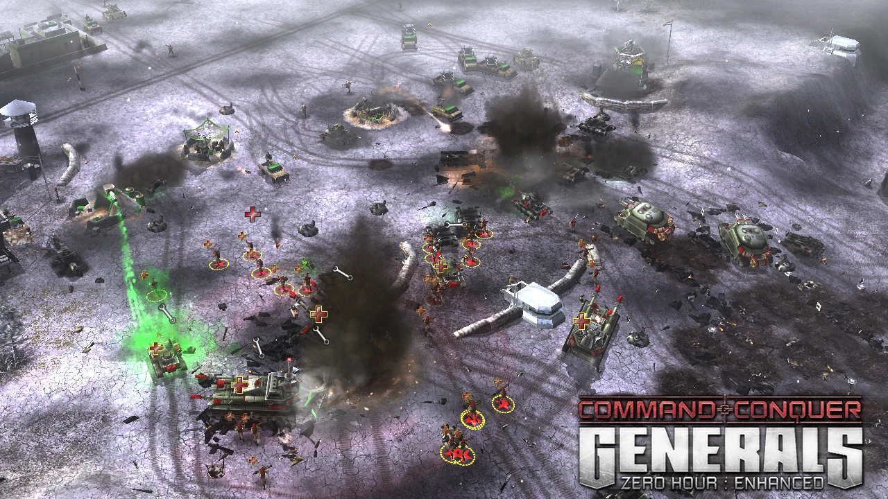 Засніжене поле бою з піхотою, танками, вибухами та димом у моді Command & Conquer Generals Zero Hour Enhanced