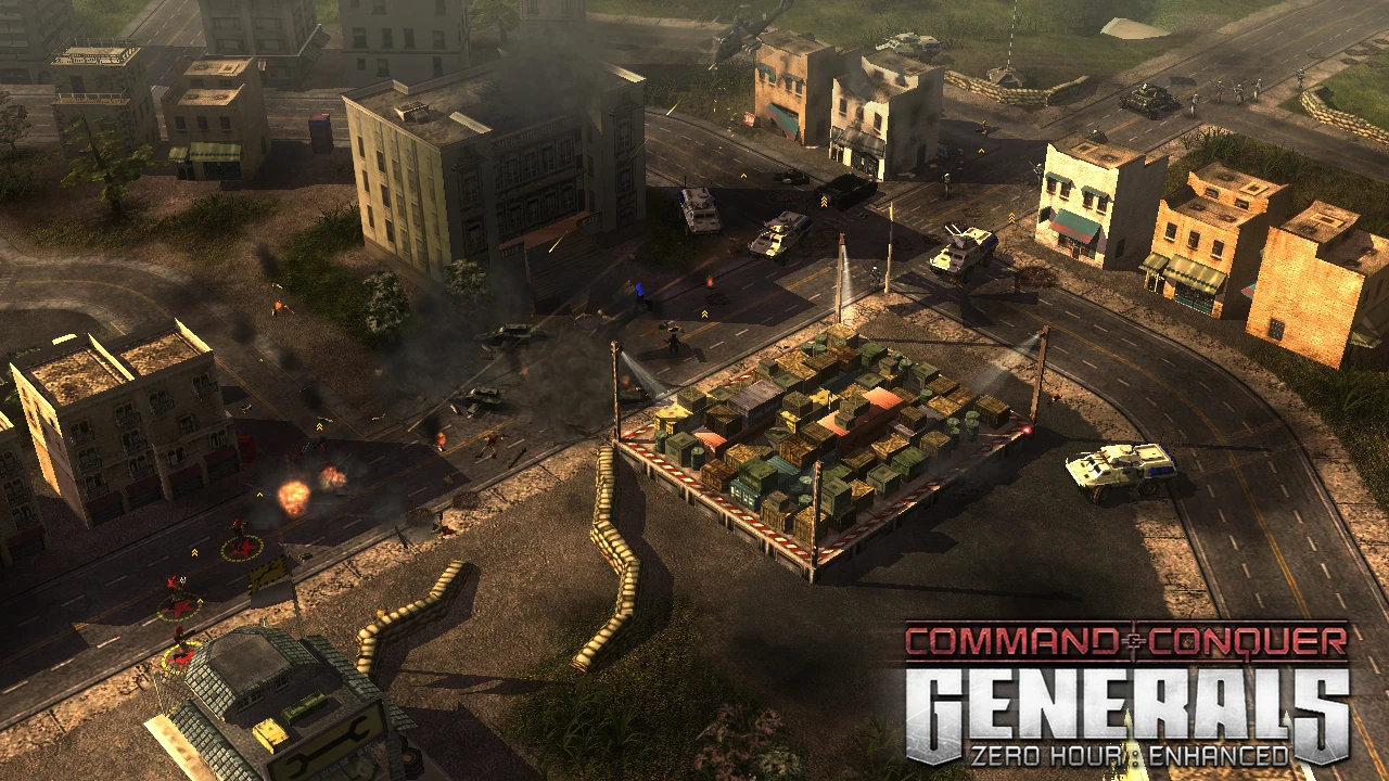 Top-down view of armored vehicles and infantry fighting in a war-torn urban area with smoke and explosions