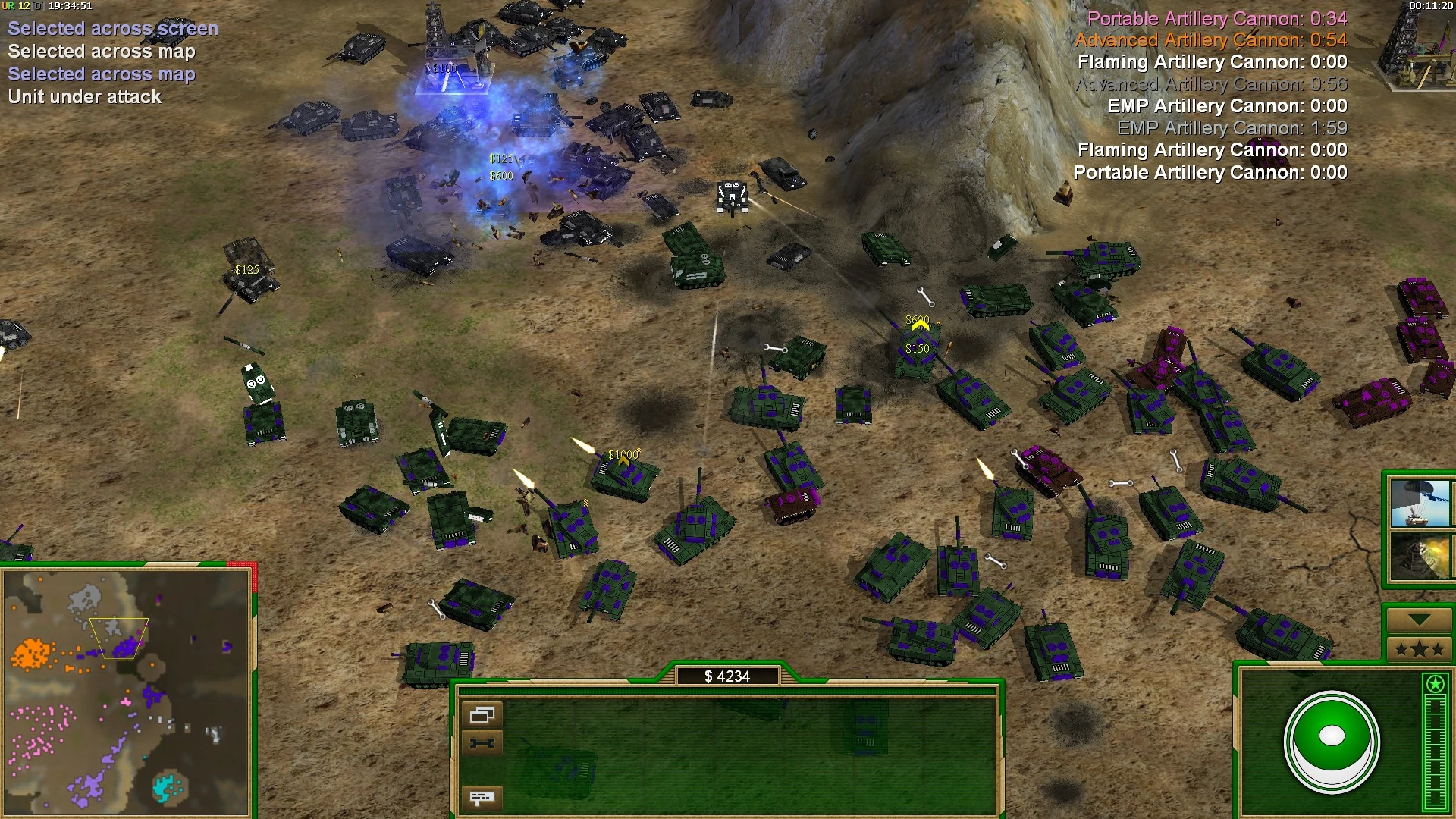 Вид сверху на множество танков в бою с активными таймерами артиллерии и интерфейсом игры в моде C&C Power Play для Command & Conquer Generals