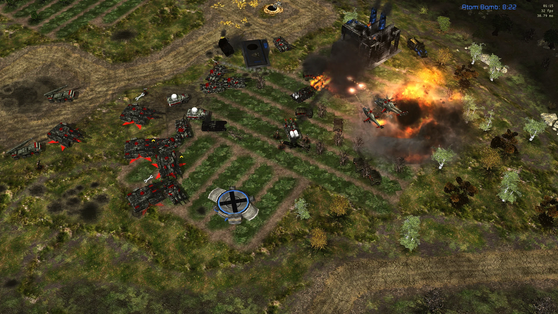 Aerial view of a battlefield with tanks, helicopters, explosions, and soldiers in C&C Red Alert Redux mod