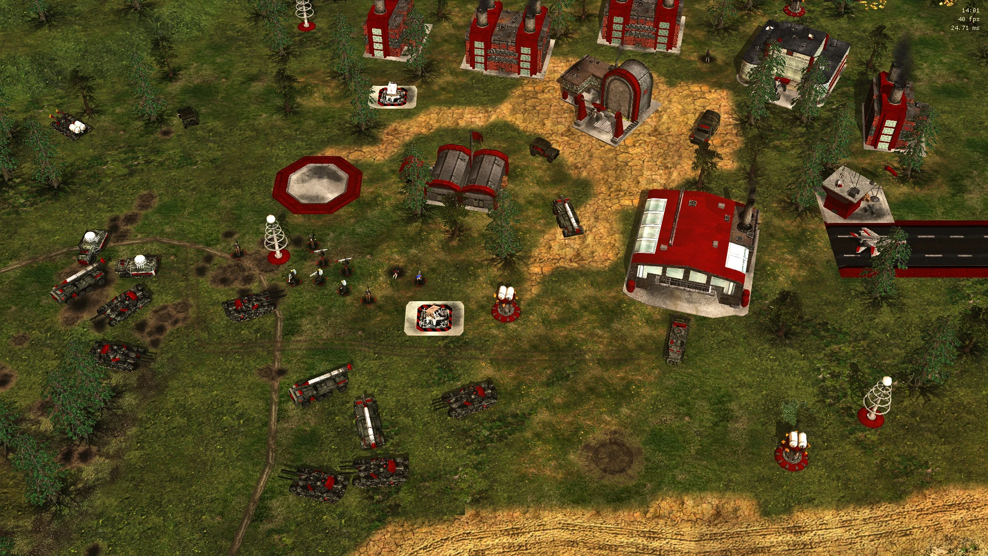 Overhead view of a Soviet-style base with red buildings, tanks, infantry, and radar antennas in Command & Conquer Generals mod