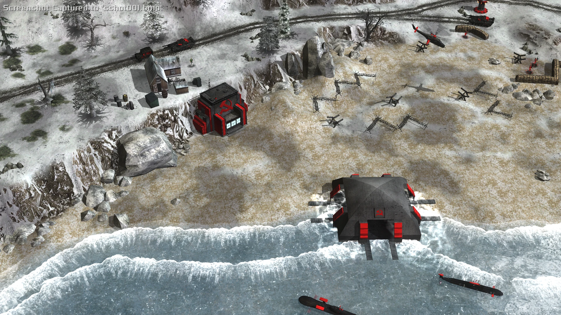 Snowy coastal Soviet base with submarines and defensive structures in C&C Red Alert Redux mod