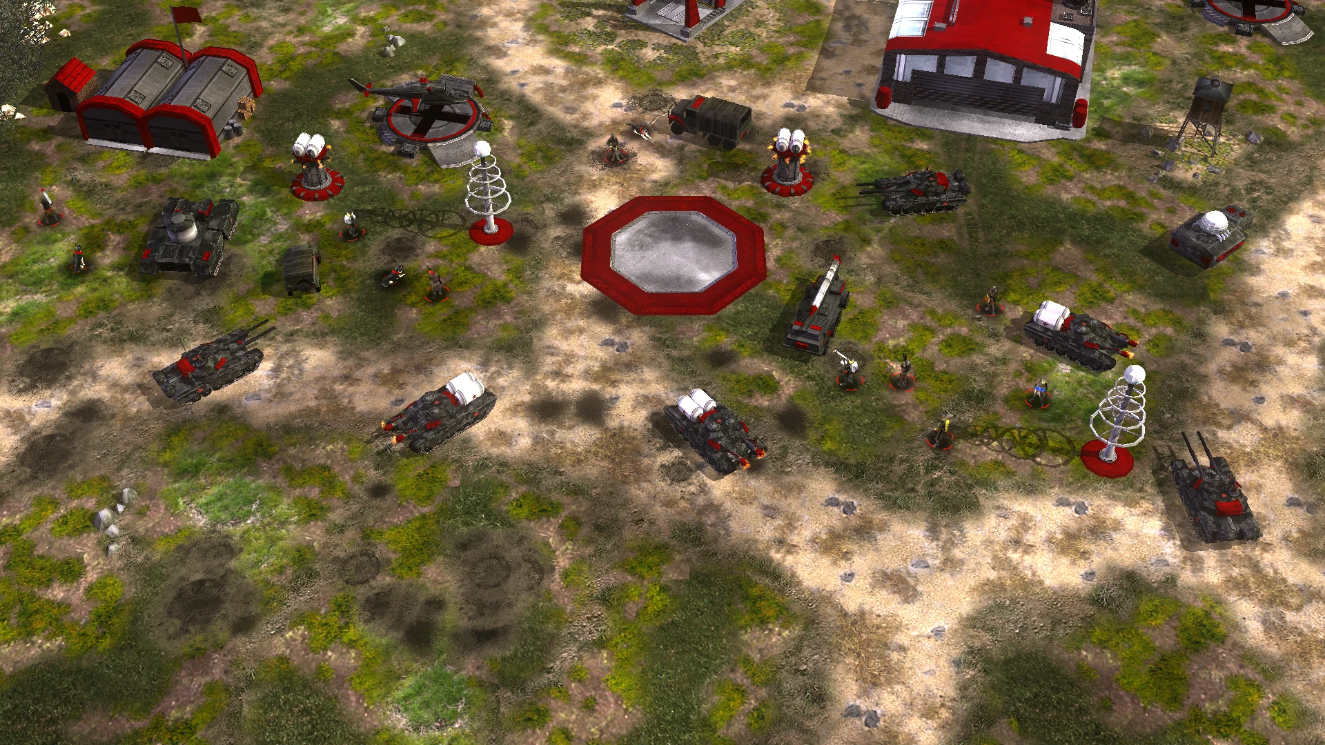 Overview of a strategic military base with tanks, infantry units, and defense structures in the mod