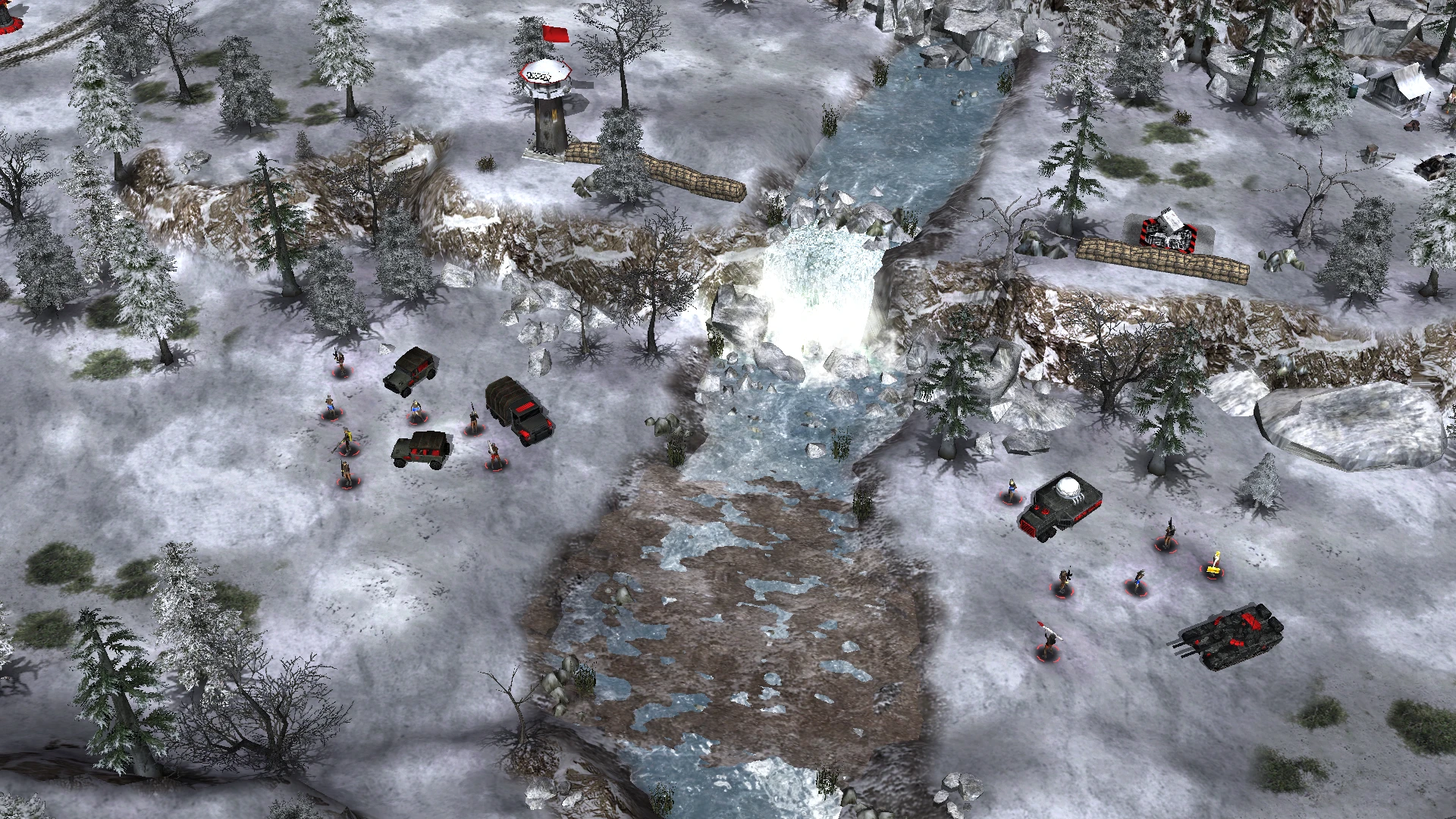 In-game snowy map scene showing infantry troops and military vehicles near a river and guard towers
