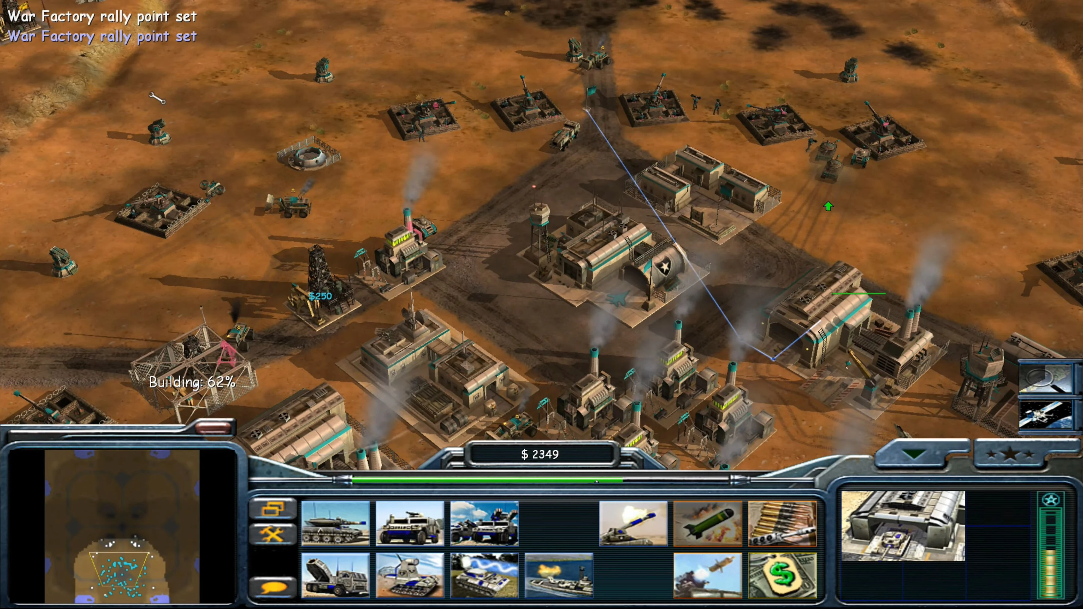 Ingame-Ansicht von Command & Conquer Generals mit Gebäuden, Fahrzeugen und Benutzeroberfläche aus dem C&C Shockwave Chaos Mod