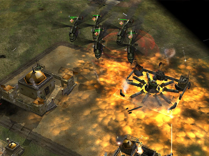 Четыре вертолета над пустынной базой, взрывающийся танк-паук в огне в моде Command & Conquer Generals ShockWave