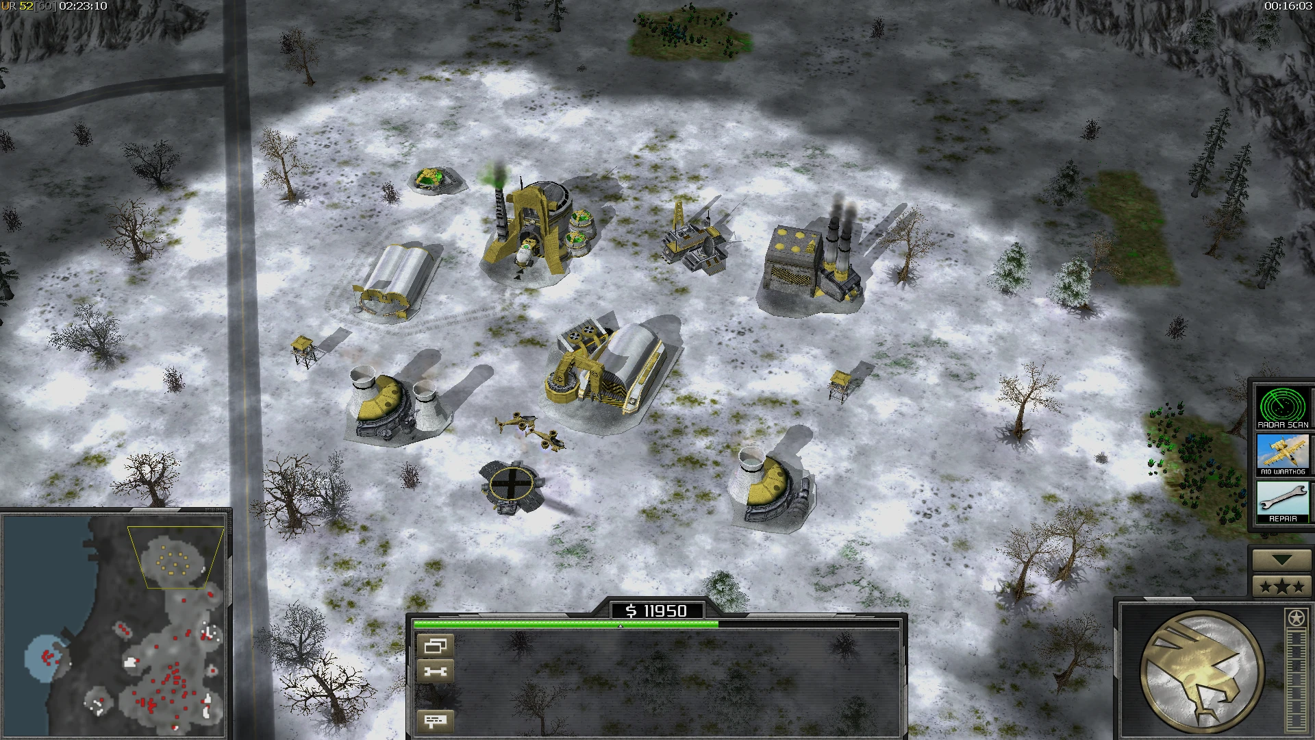 Top-down view of a snowy Command & Conquer Generals base with buildings and HUD from C&C Tiberian Dawn Redux mod