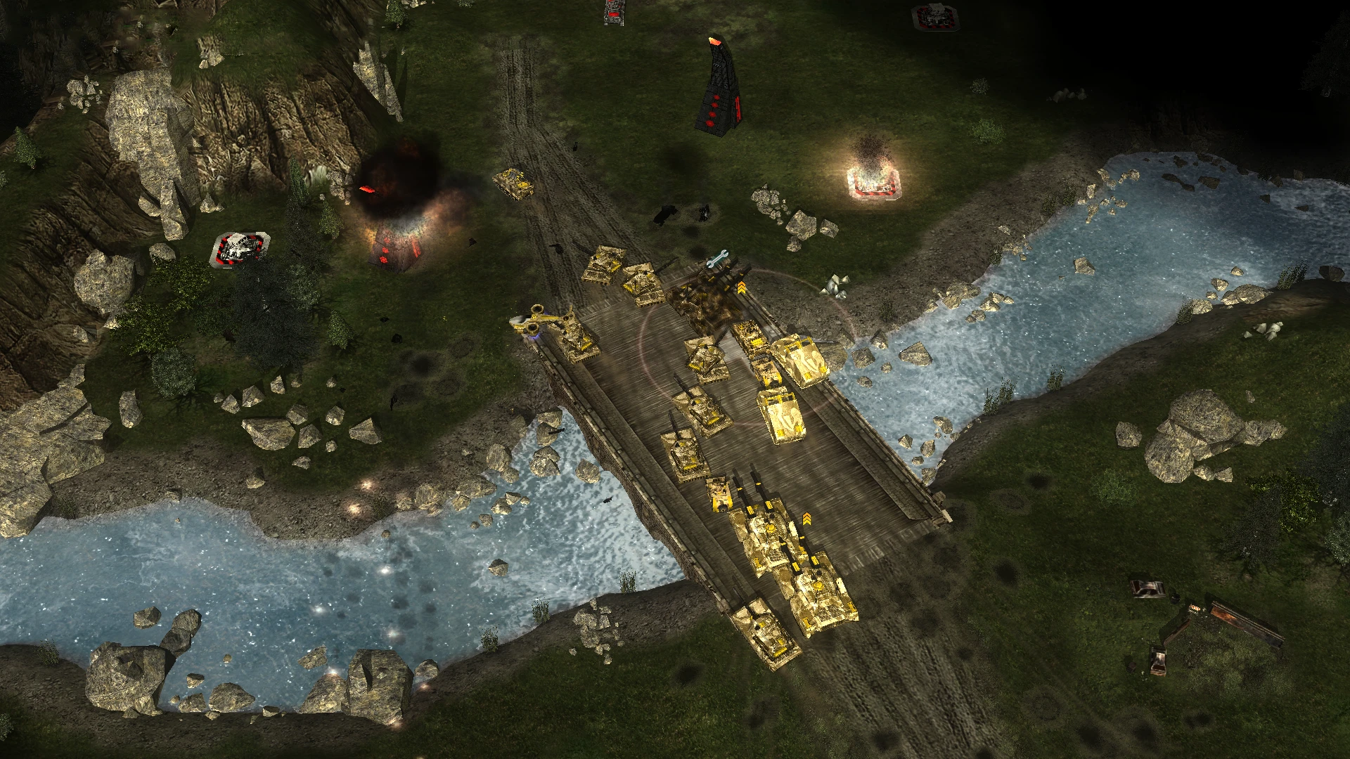 Multiple yellow tanks advancing across wooden bridge over river with explosions nearby in Command & Conquer mod