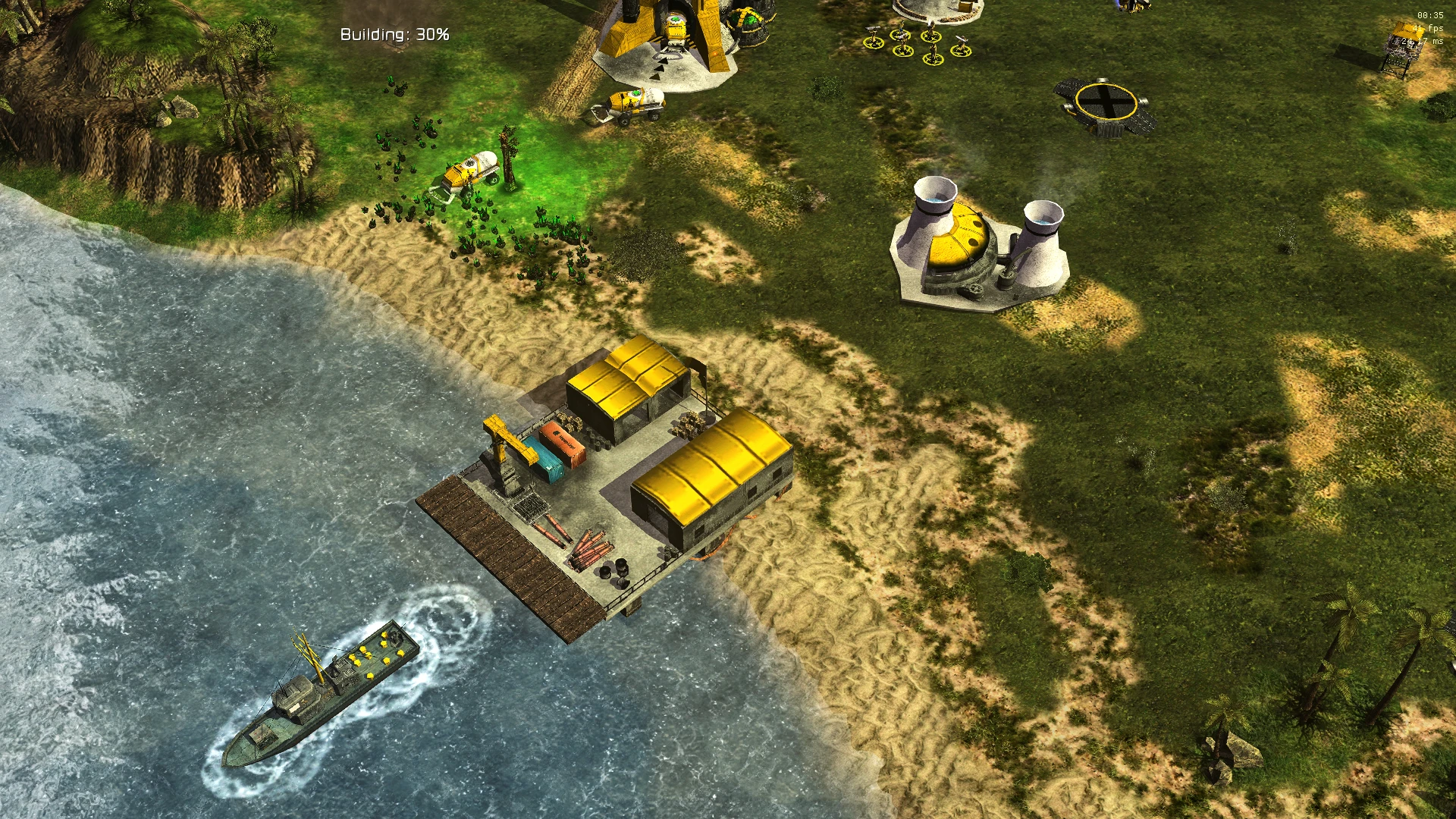 Screenshot of a coastal base with yellow buildings and a ship docked in the water in Command & Conquer Generals mod