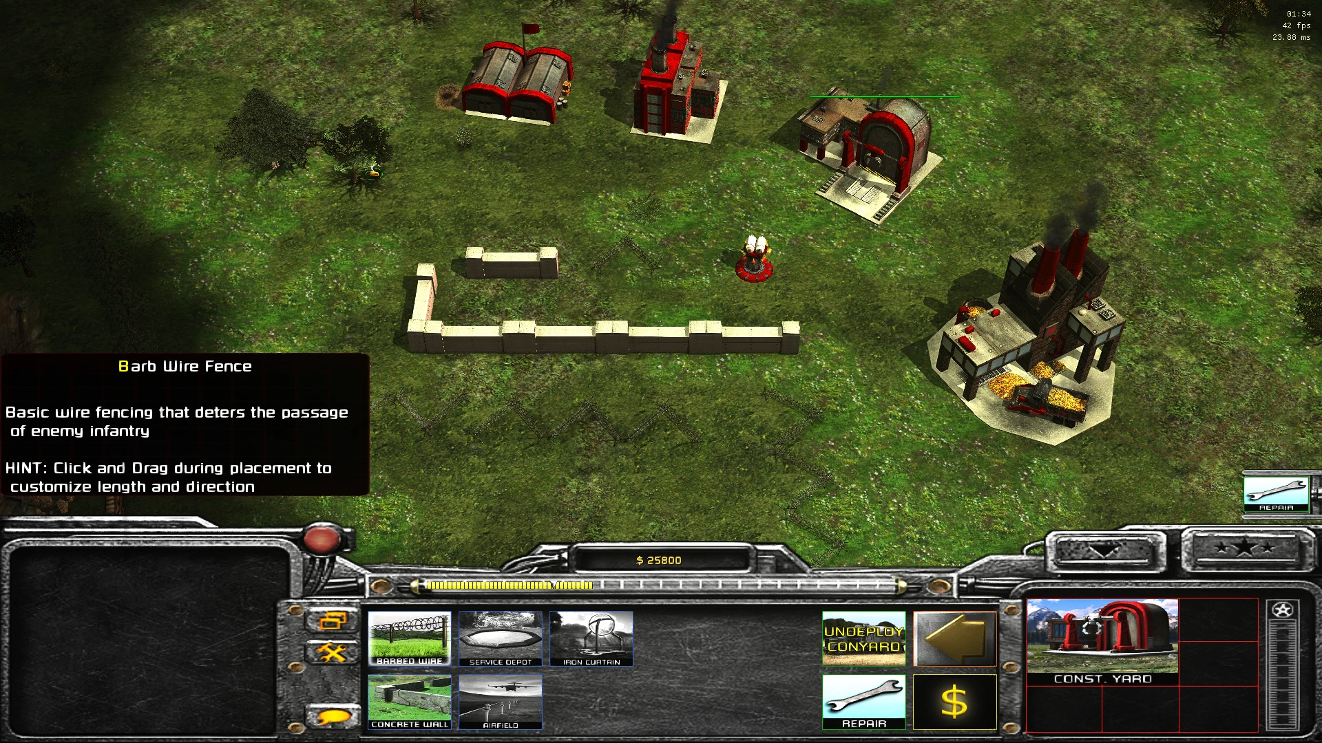 Spiel-Screenshot zeigt Stacheldrahtzäune und Basisgebäude mit Interface des Tiberian Dawn Redux Mods in Command & Conquer Generals
