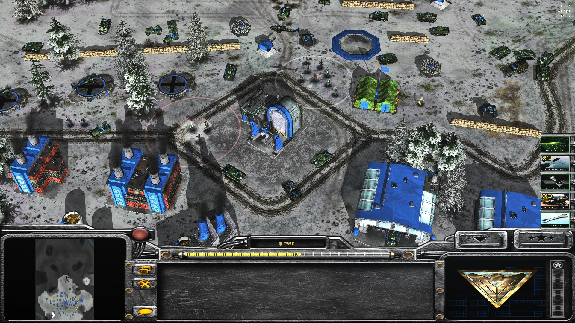 Top-down view of a snowy military base with tanks, buildings, and units in Command & Conquer: Generals mod