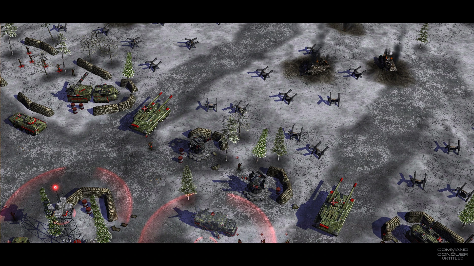 Вигляд зверху на військову техніку, солдат та дротяні загородження на засніженому полі бою