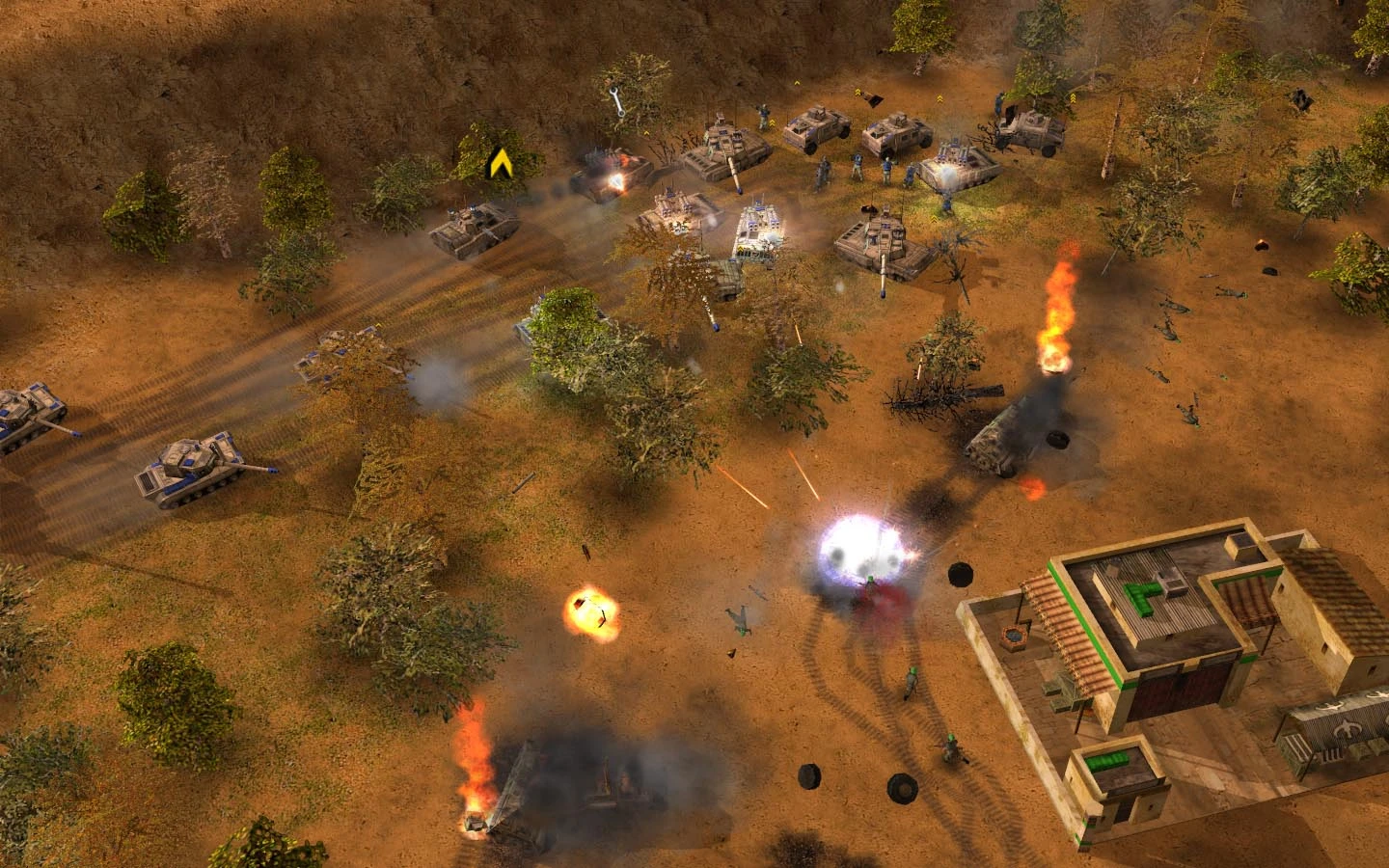 Скріншот із пустельною місцевістю, палаючими машинами, танками, піхотою та вибухами у моді C&C Untitled