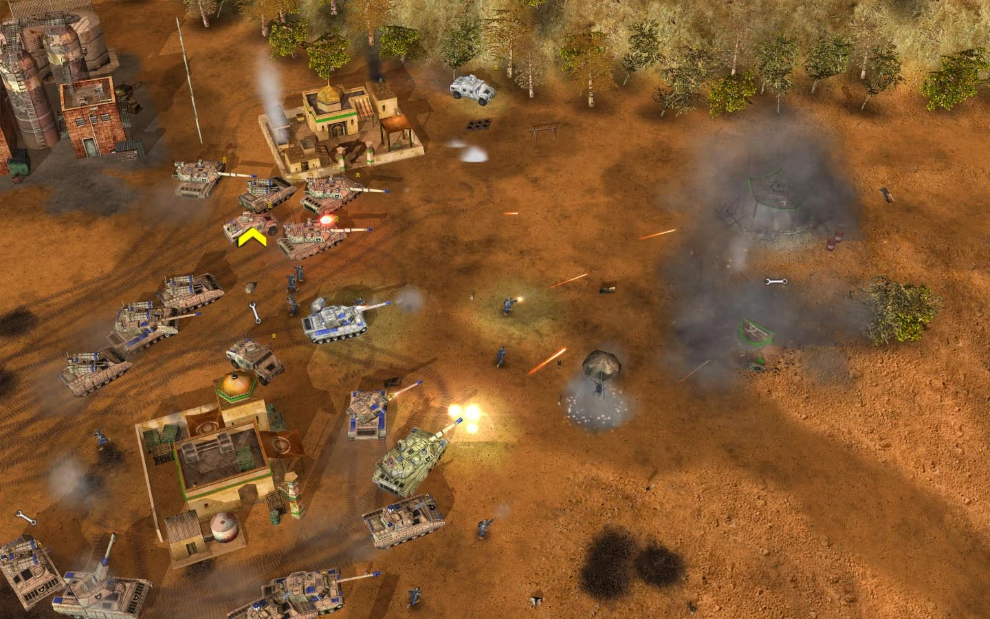 Вигляд зверху на танки та піхоту, що обмінюються вогнем на пустельному полі бою в моді Command & Conquer Generals C&C: Untitled