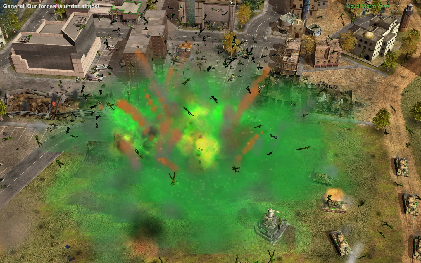 Скріншот гри з зеленою вибуховою хвилею, що вражає солдат і танки на міському полі бою в моді C&C Untitled для Command & Conquer Generals
