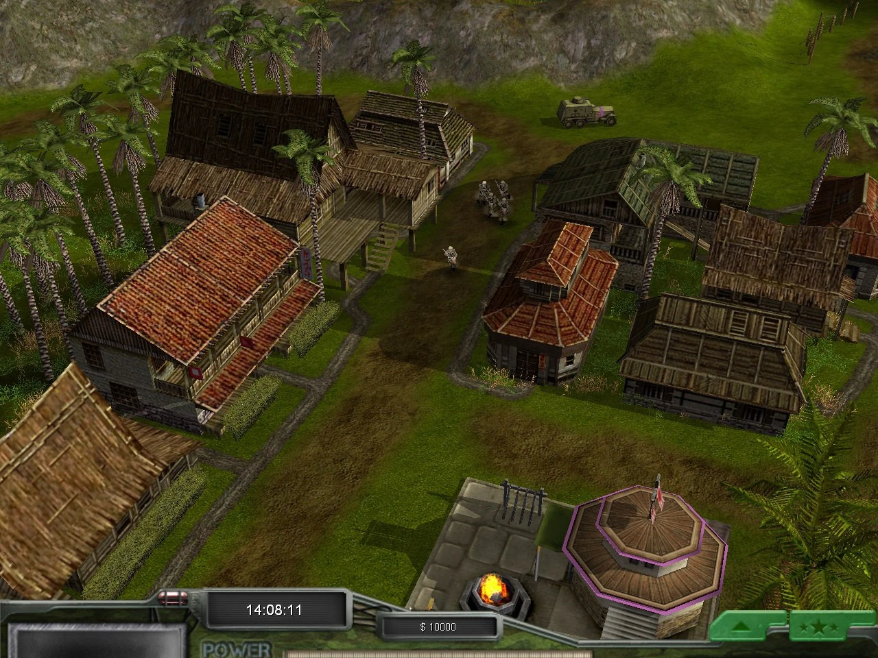 В ігровому кадрі тропічне село з дерев'яними будинками, пальмами, піхотою та бронетехнікою в моді C&C World War II