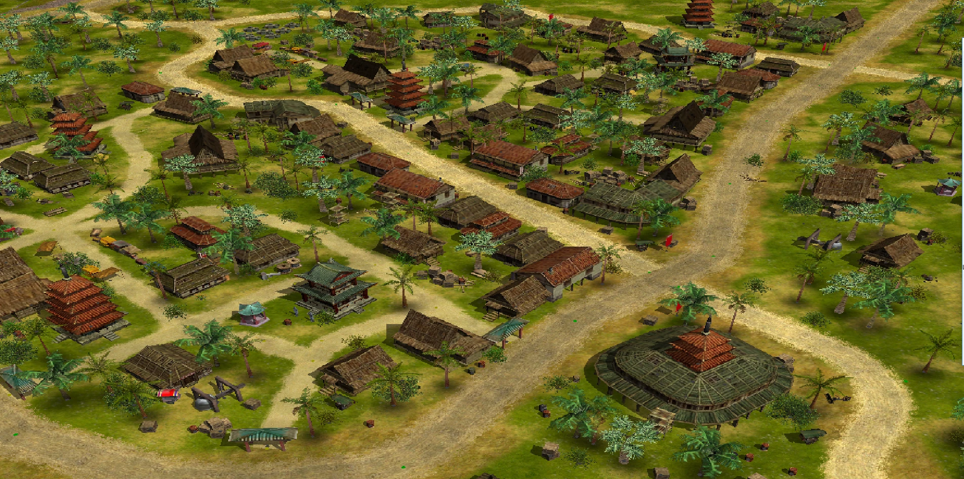 Вигляд згори на азійське село часів Другої світової війни з ґрунтовими дорогами та традиційними будівлями в моді C&C World War II