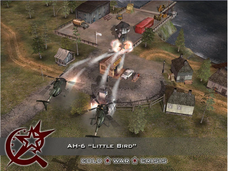 Zwei AH-6 Little Bird Helikopter feuern Raketen auf eine Basis im Cold War Crisis Mod für C&C Generals ab