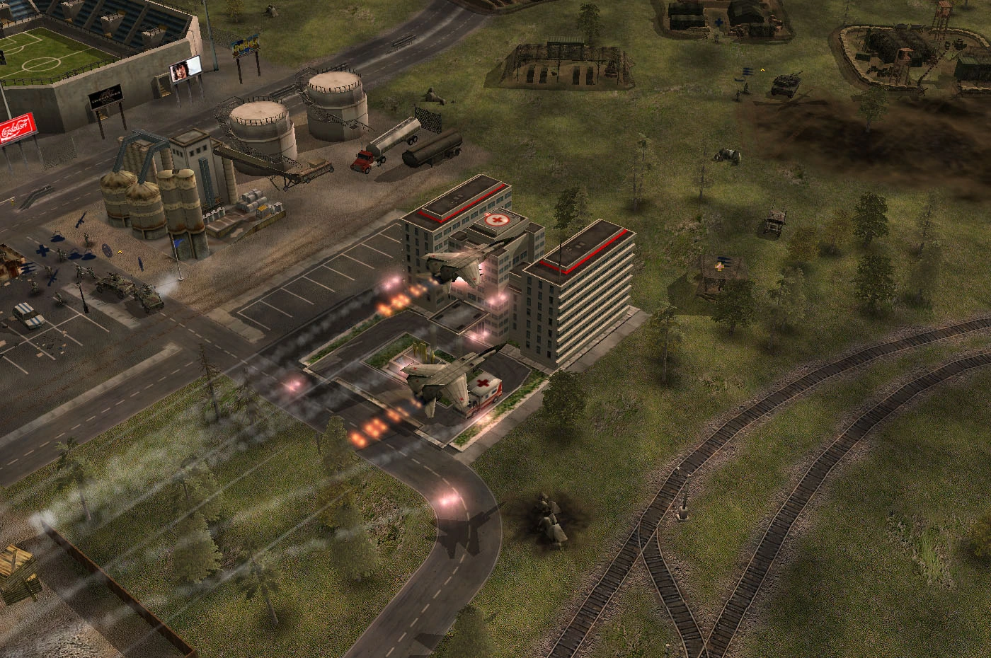 Screenshot des Cold War Crisis Mods in Command & Conquer Generals zeigt Jets, die einen Luftangriff auf ein Krankenhaus starten
